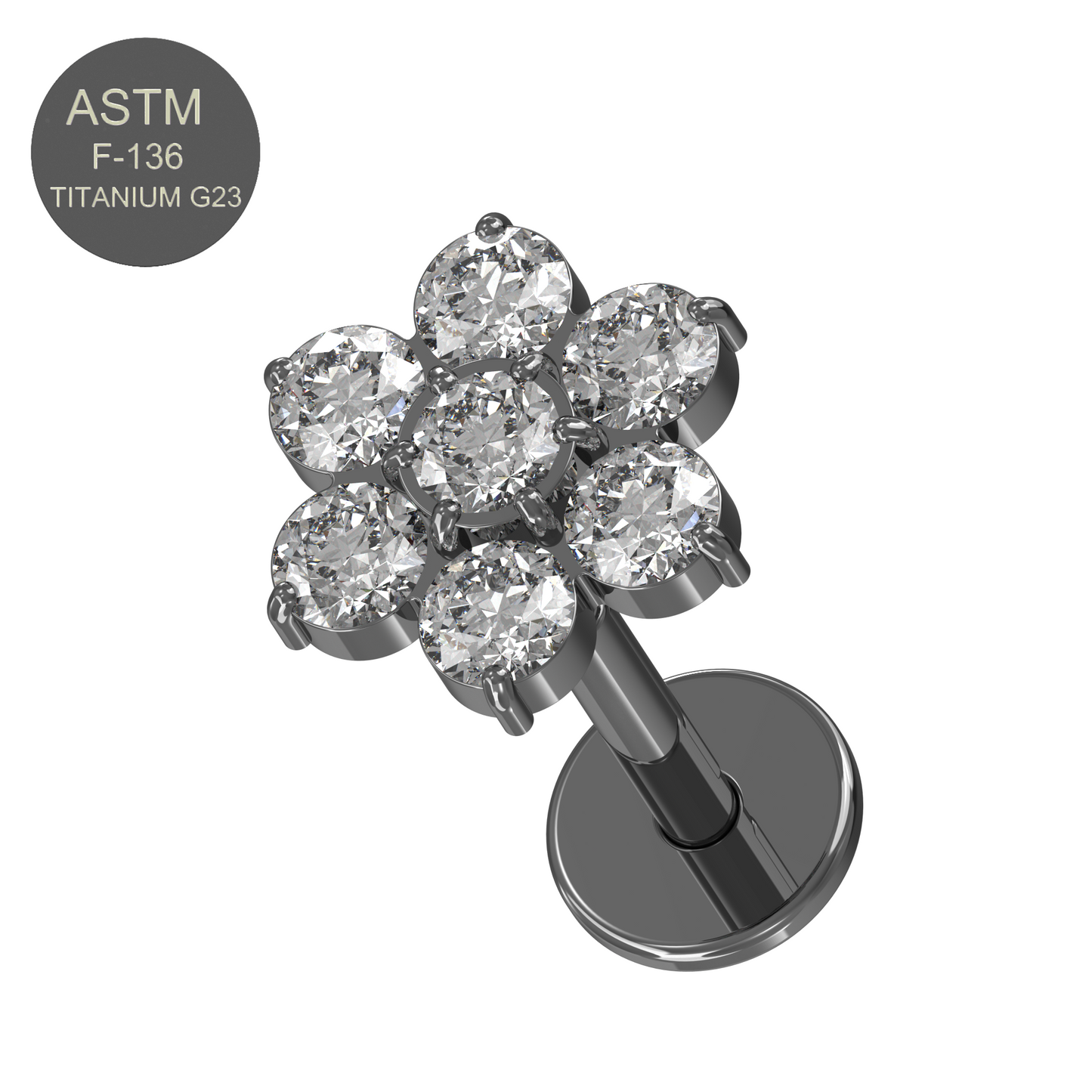 G23 Titanium CZ Jewelled Flower Push-Fit Flatback Stud - Monster Piercing