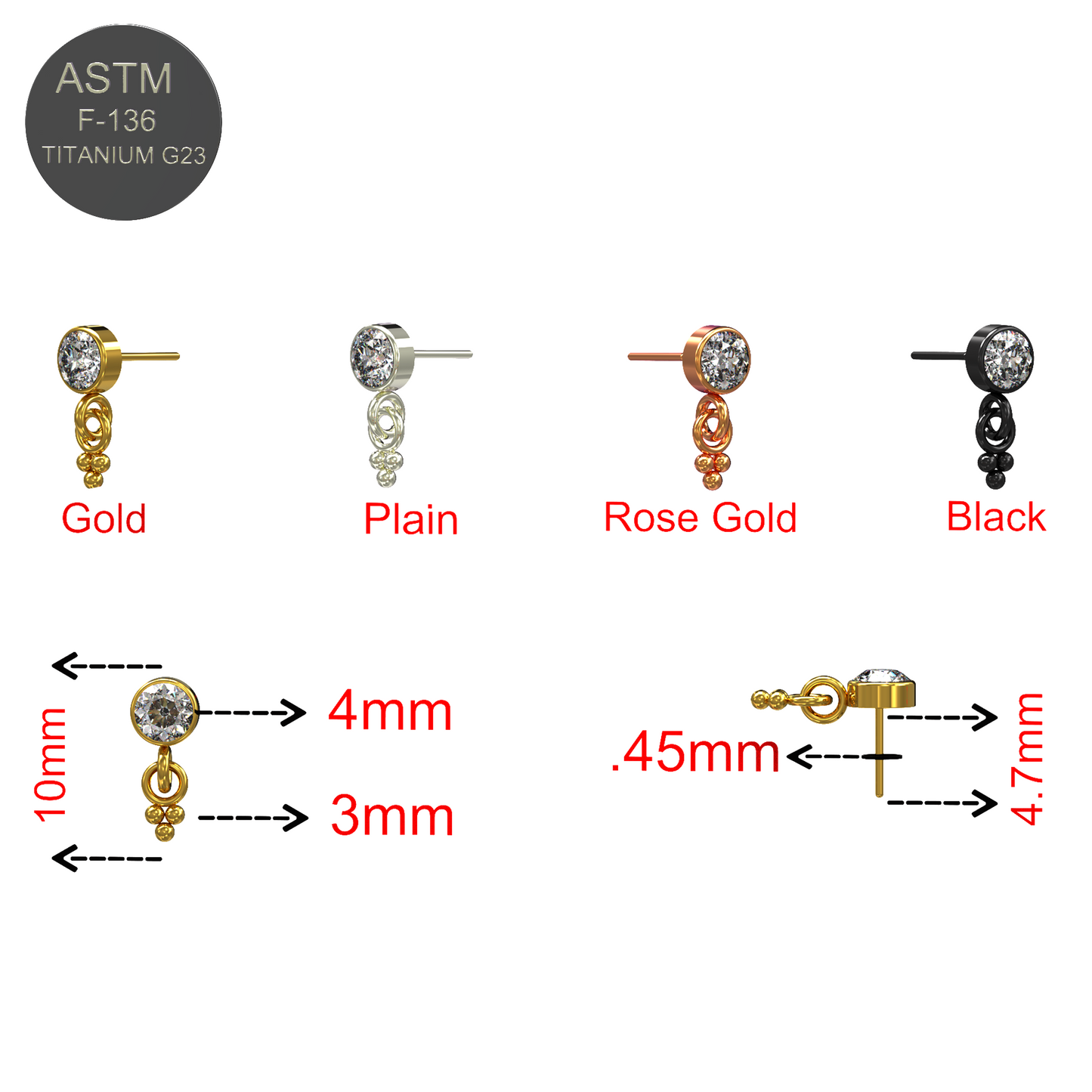 G23 Titanium Round CZ Jewelled Dangling Threadless Push-fit Top - Monster Piercing