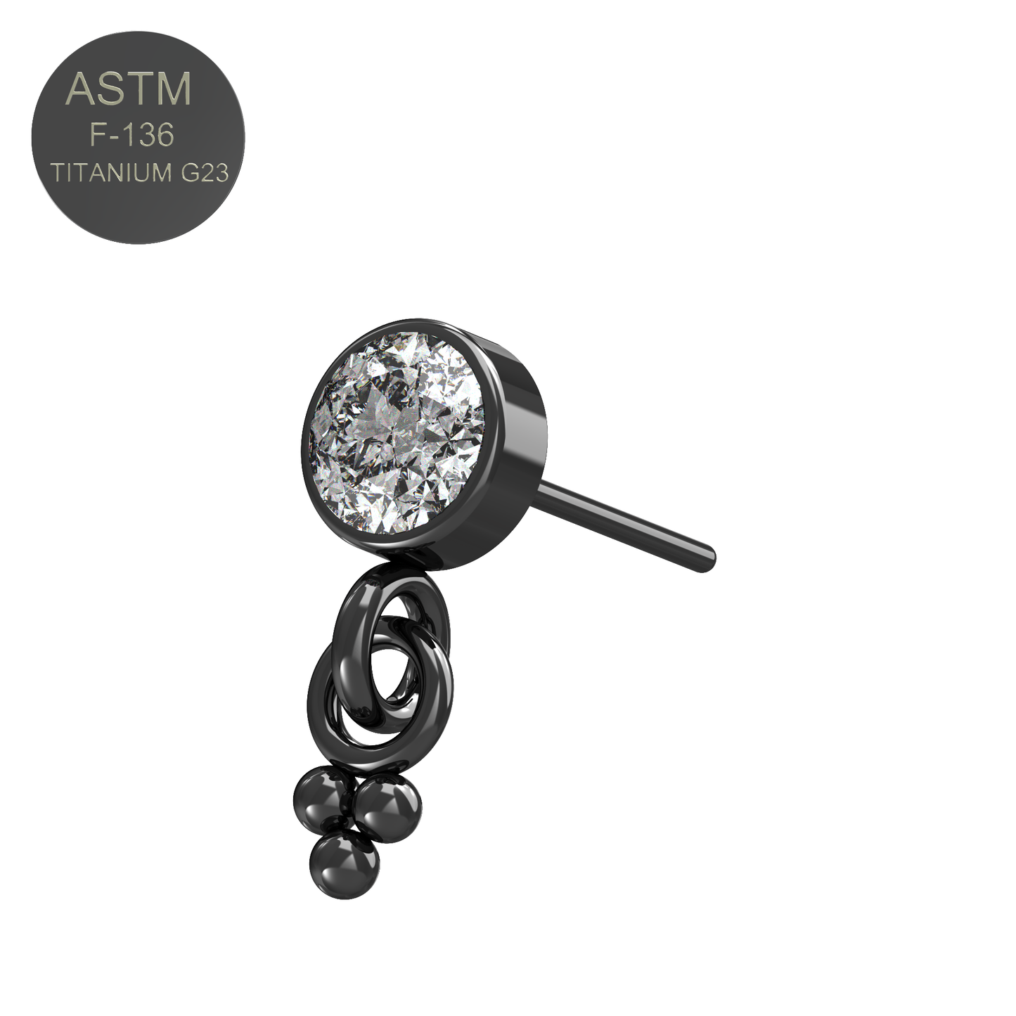 G23 Titanium Round CZ Jewelled Dangling Threadless Push-fit Top - Monster Piercing