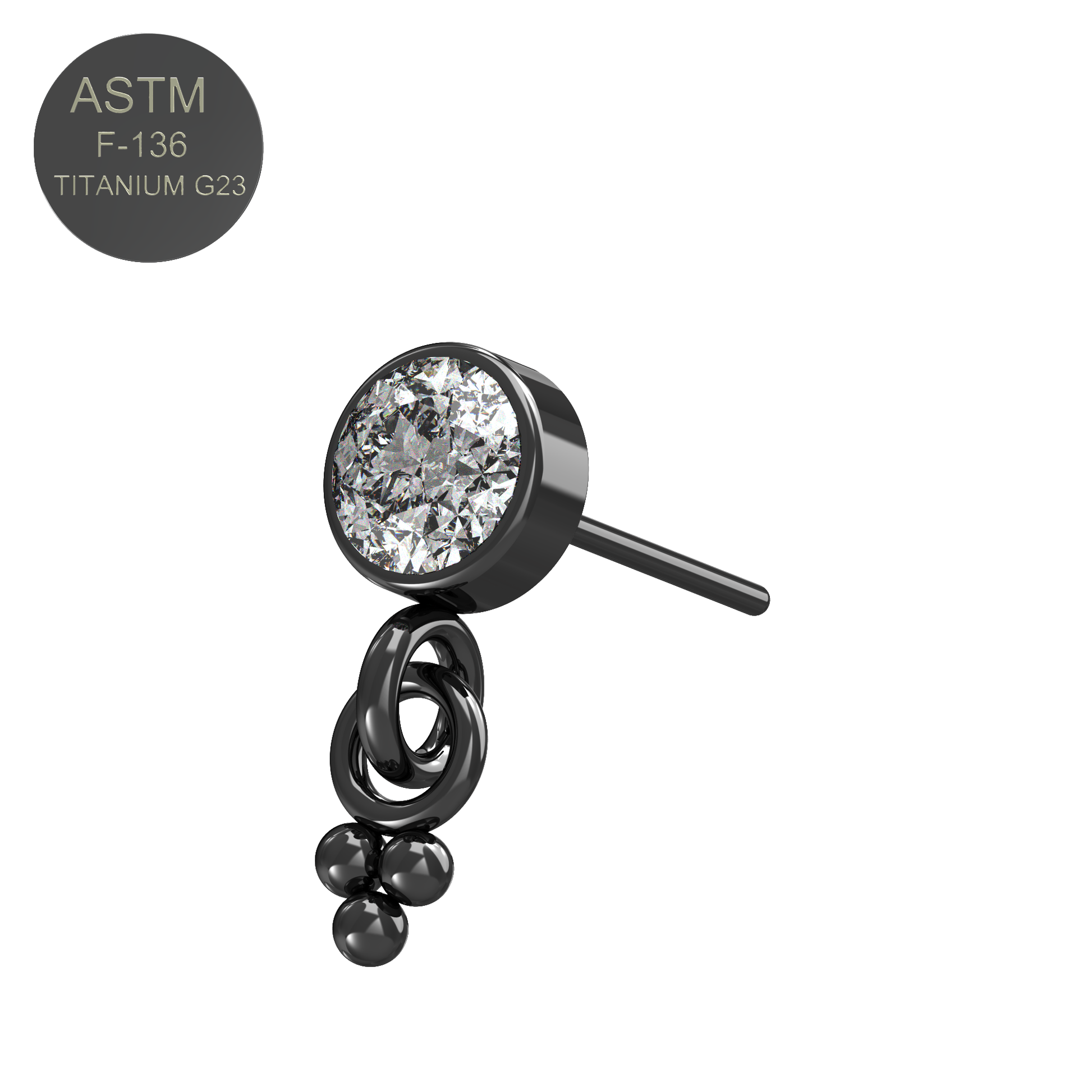 G23 Titanium Round CZ Jewelled Dangling Threadless Push-fit Top - Monster Piercing