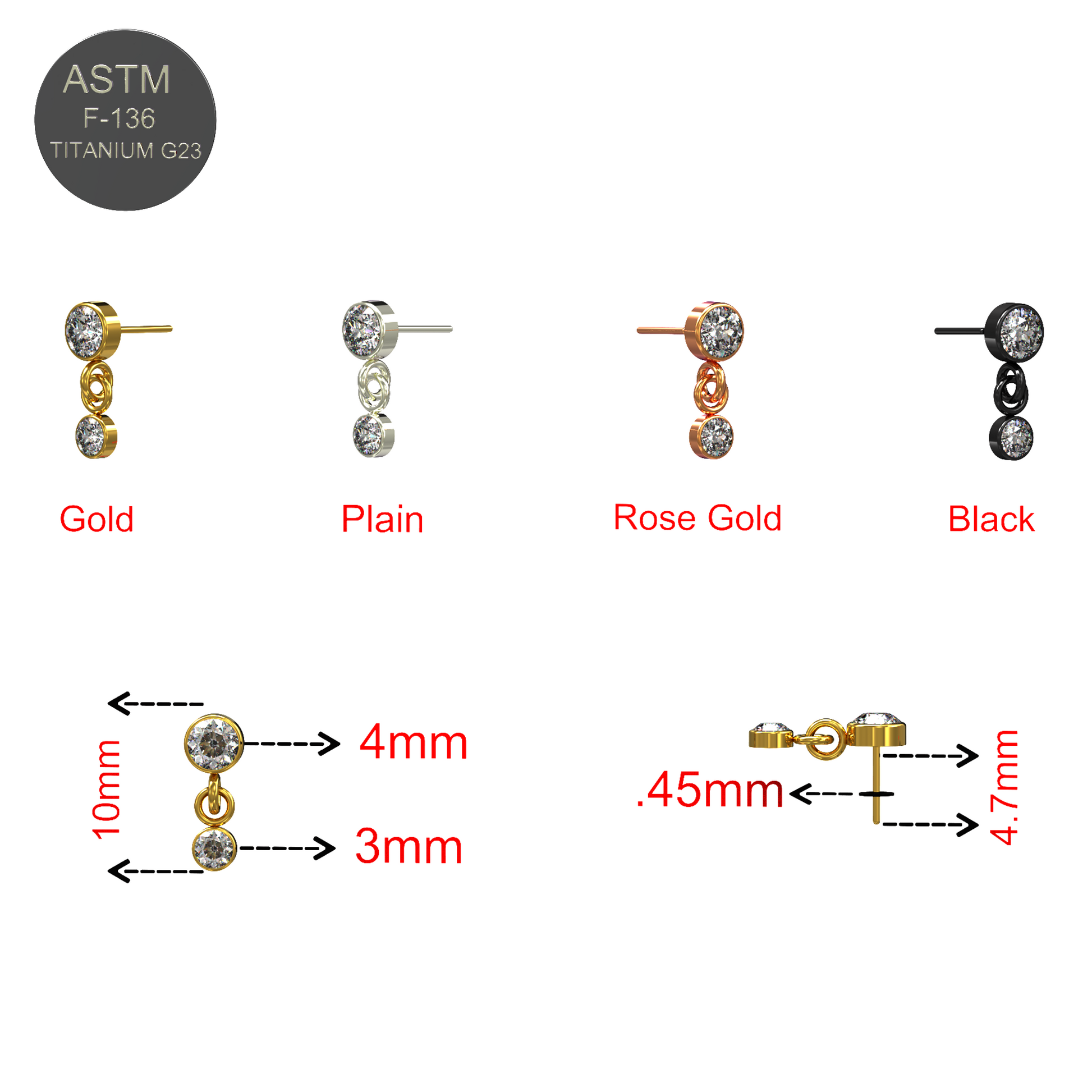 G23 Titanium Round CZ Jewelled Dangling Threadless Push-fit Top - Monster Piercing