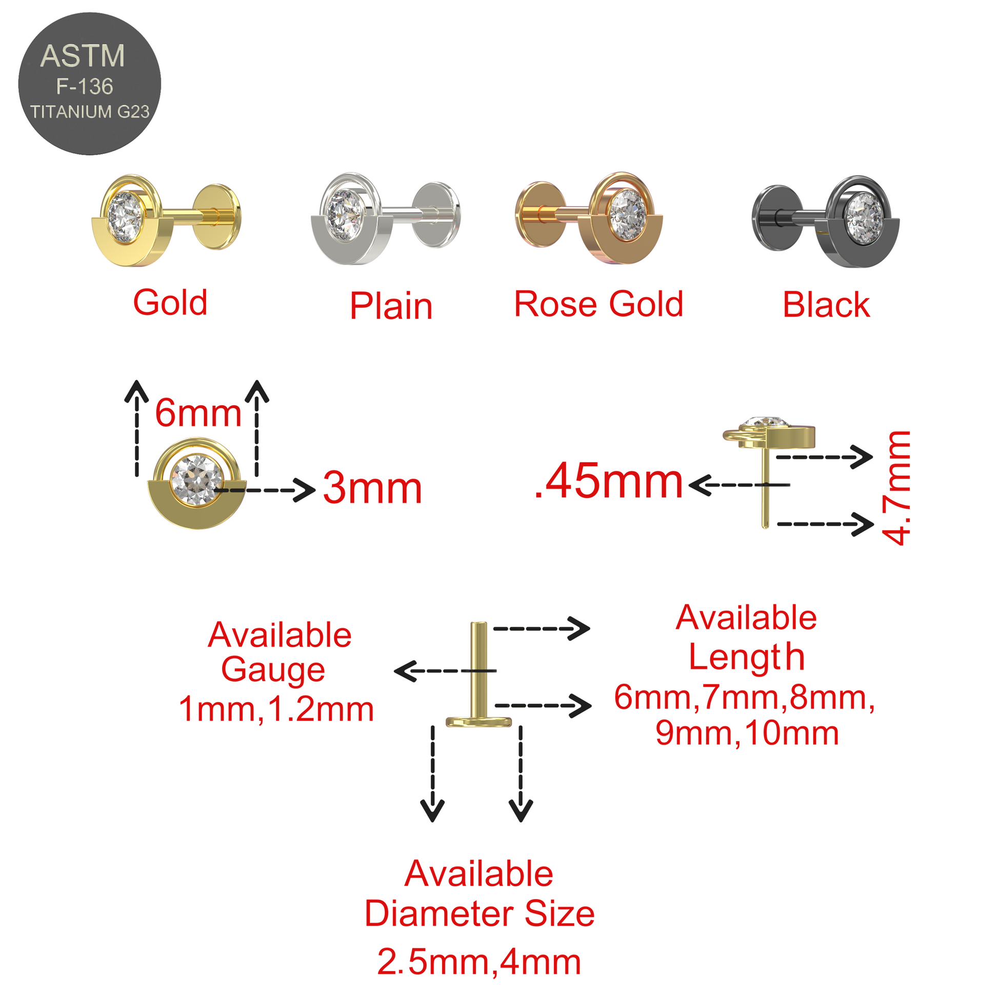 G23 Titanium CZ Jewelled Eyeball Push-Fit Flatback Stud - Monster Piercing