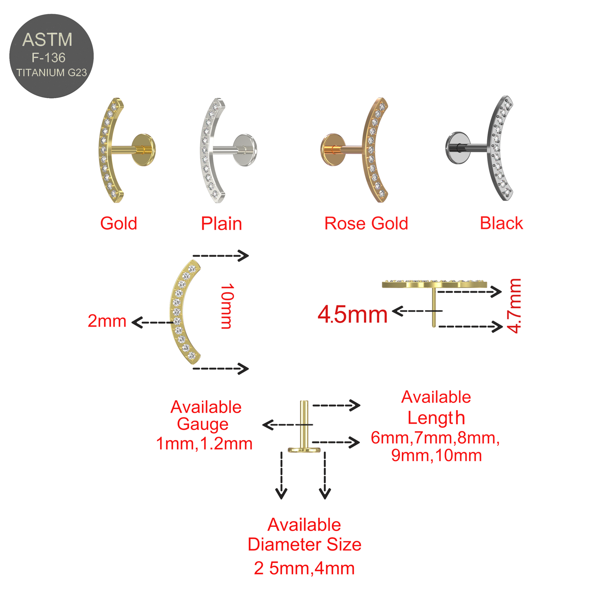 G23 Titanium CZ Jewelled Arch Push-Fit Flatback Stud - Monster Piercing