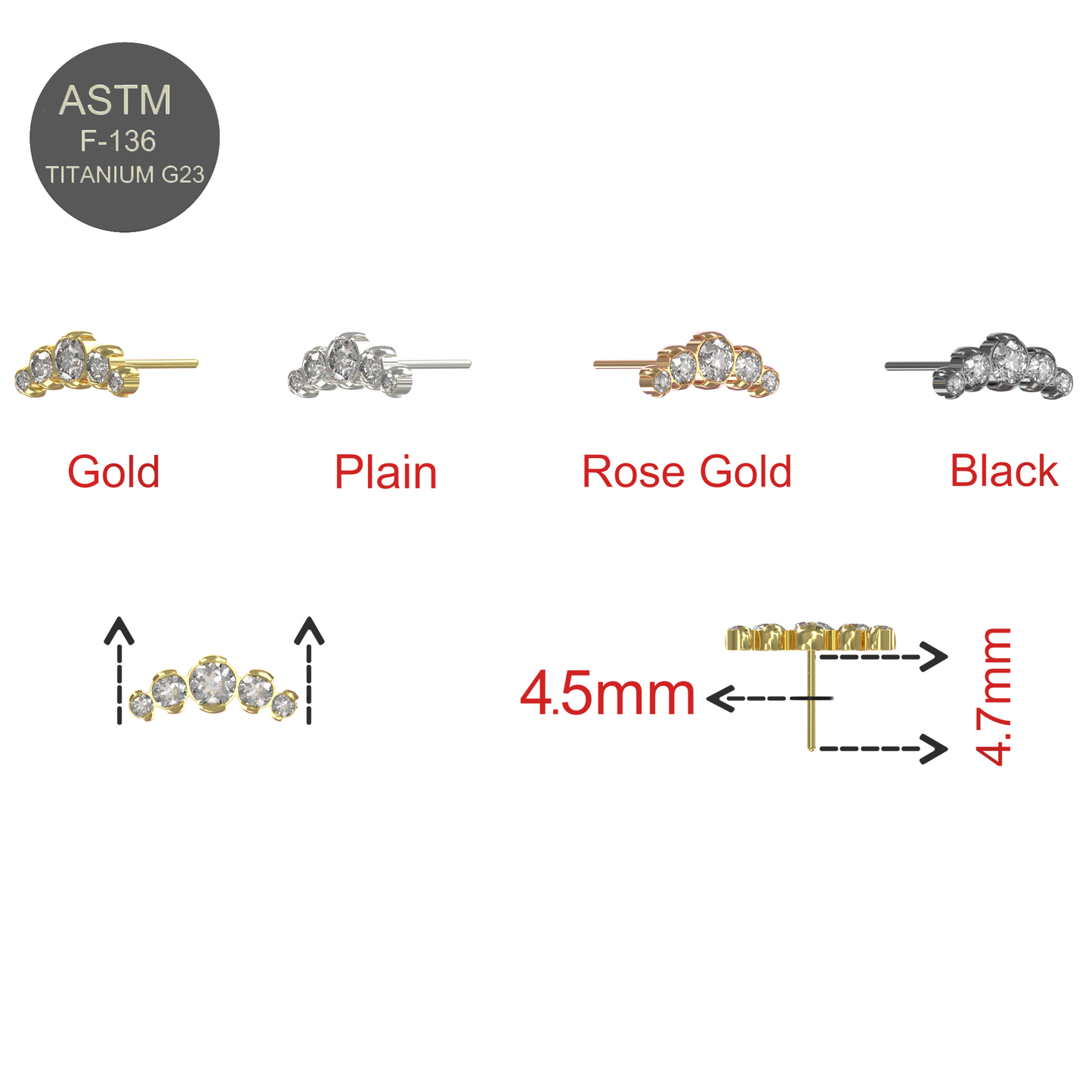 G23 Titanium Five CZ Jewelled Threadless Push-fit Top - Monster Piercing