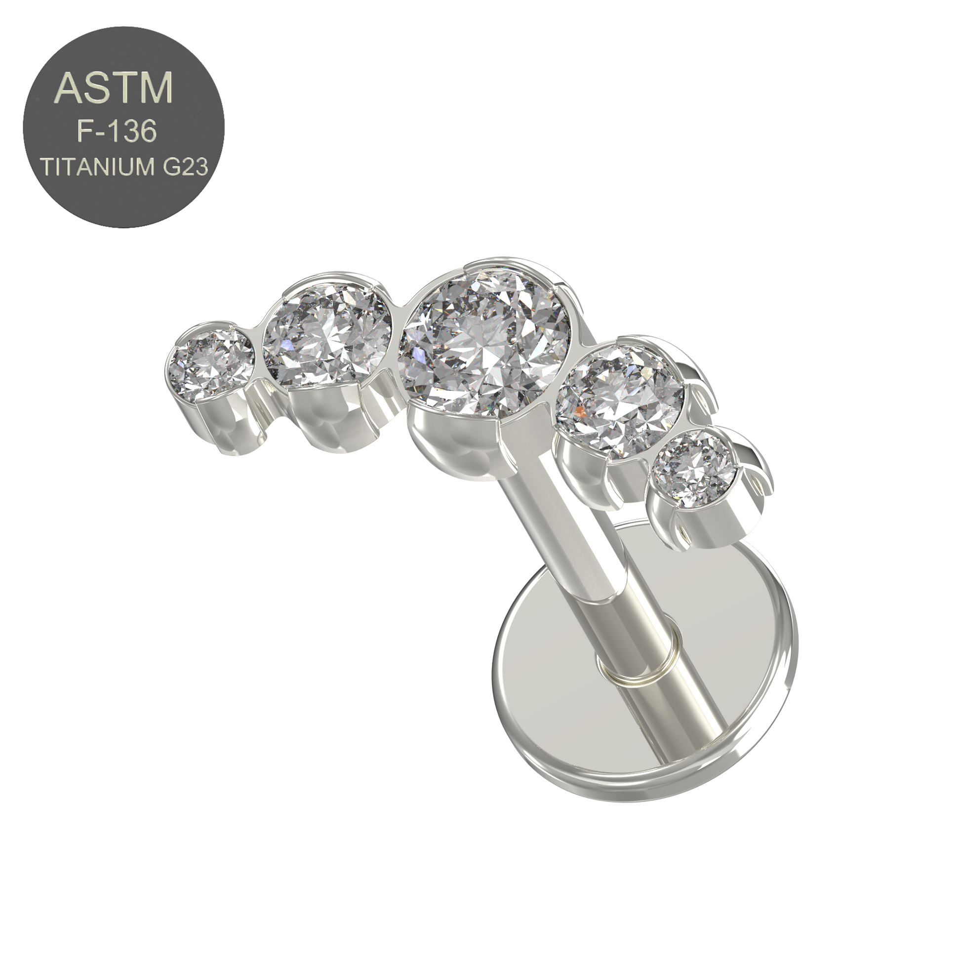 G23 Titanium Five CZ Jewelled Push-Fit Flatback Stud - Monster Piercing