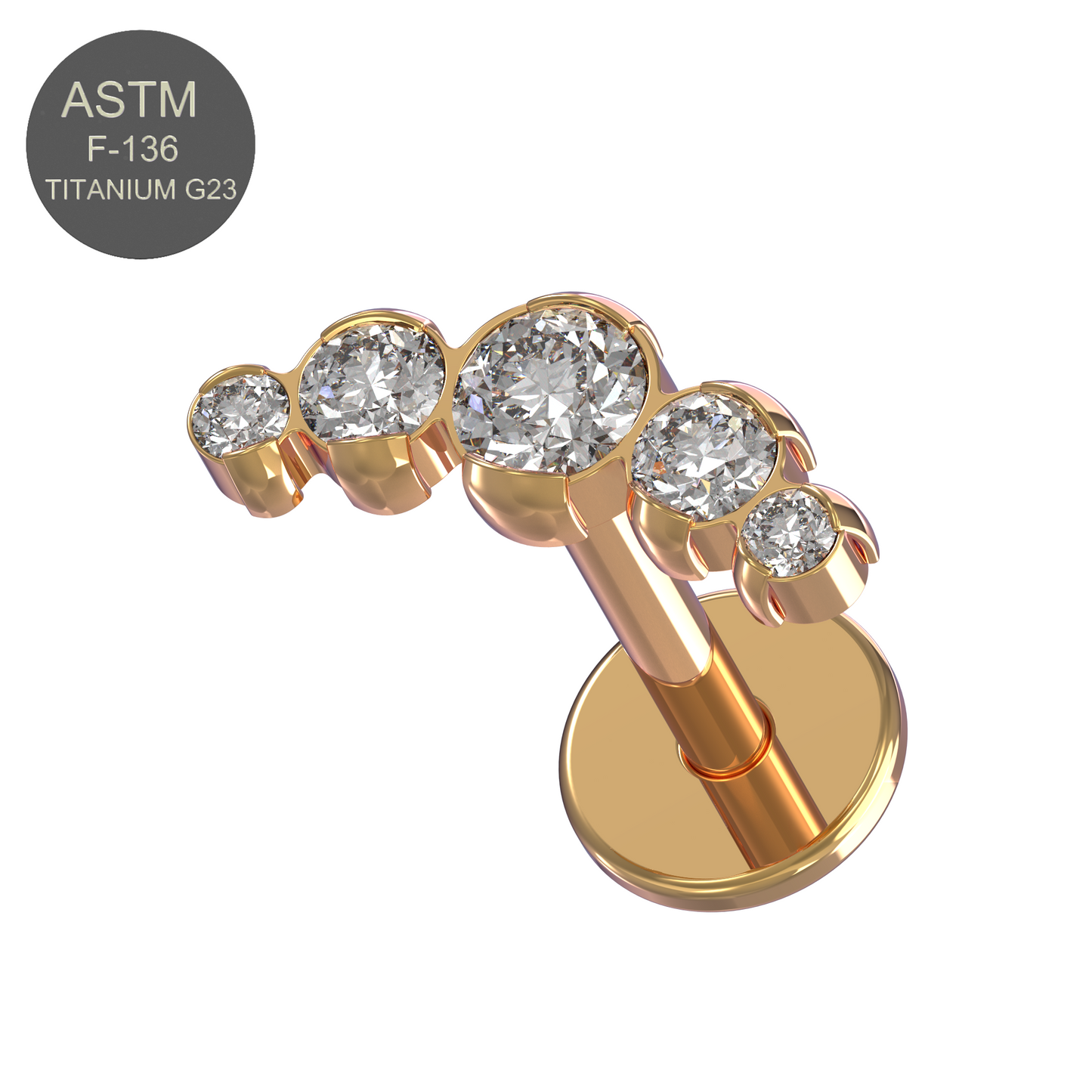 G23 Titanium Five CZ Jewelled Push-Fit Flatback Stud - Monster Piercing