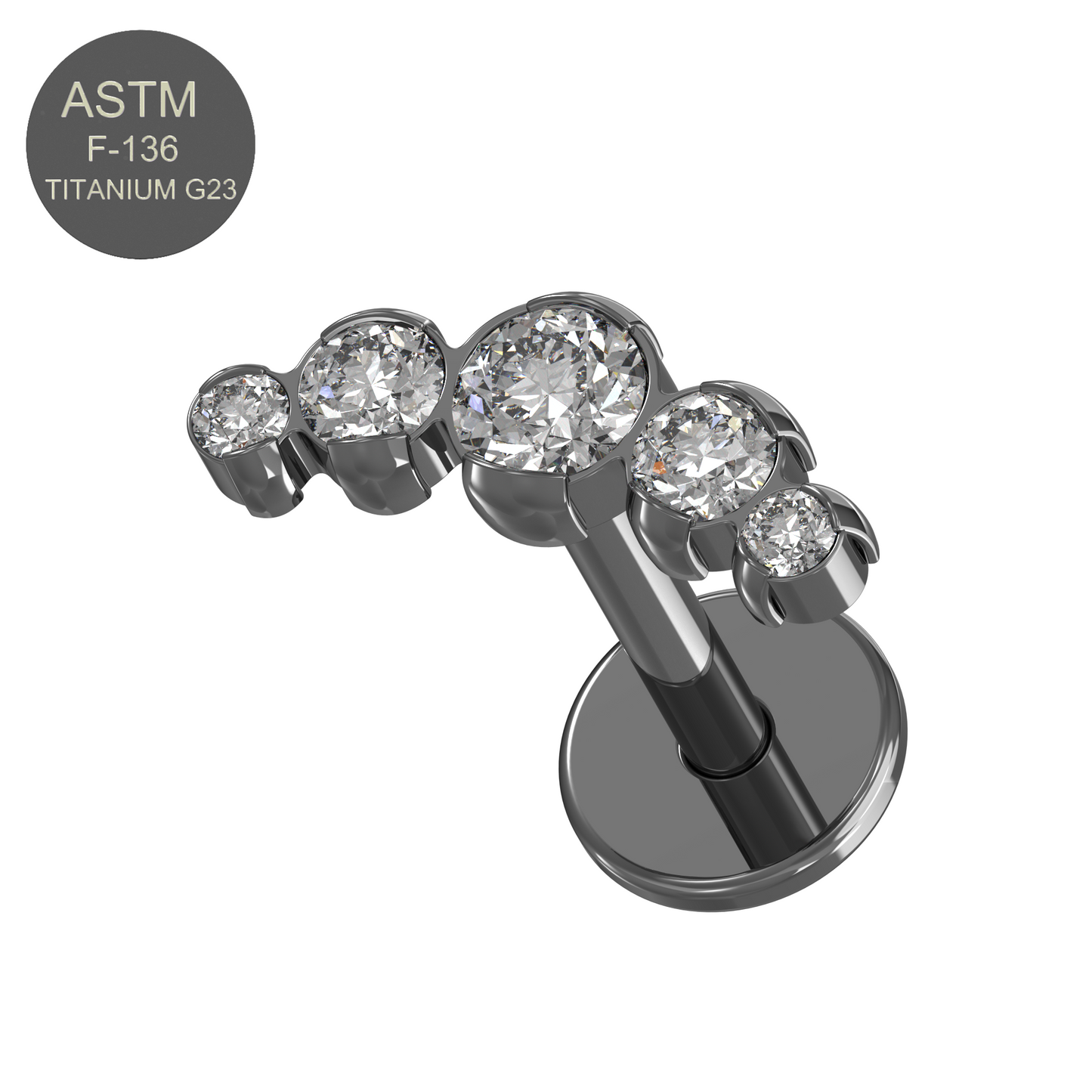 G23 Titanium Five CZ Jewelled Push-Fit Flatback Stud - Monster Piercing