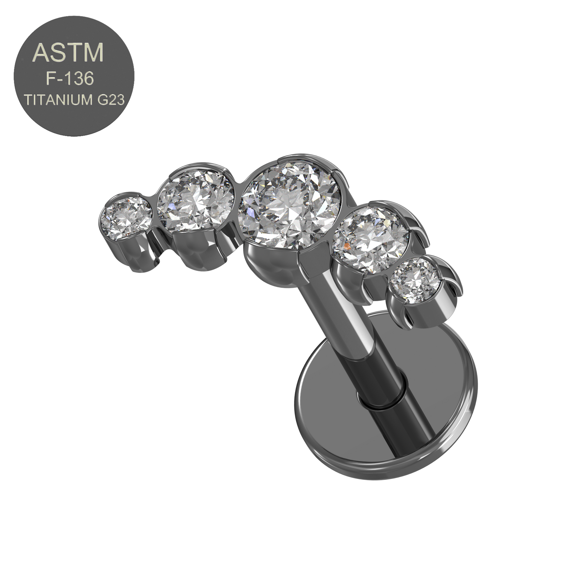 G23 Titanium Five CZ Jewelled Push-Fit Flatback Stud - Monster Piercing