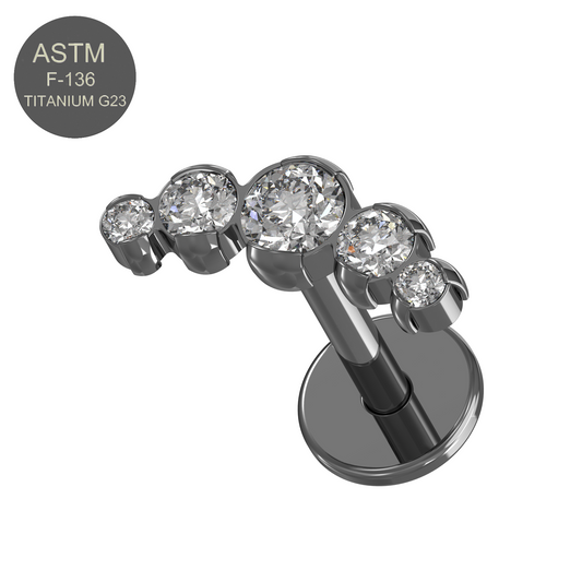 G23 Titanium Five CZ Jewelled Push-Fit Flatback Stud - Monster Piercing