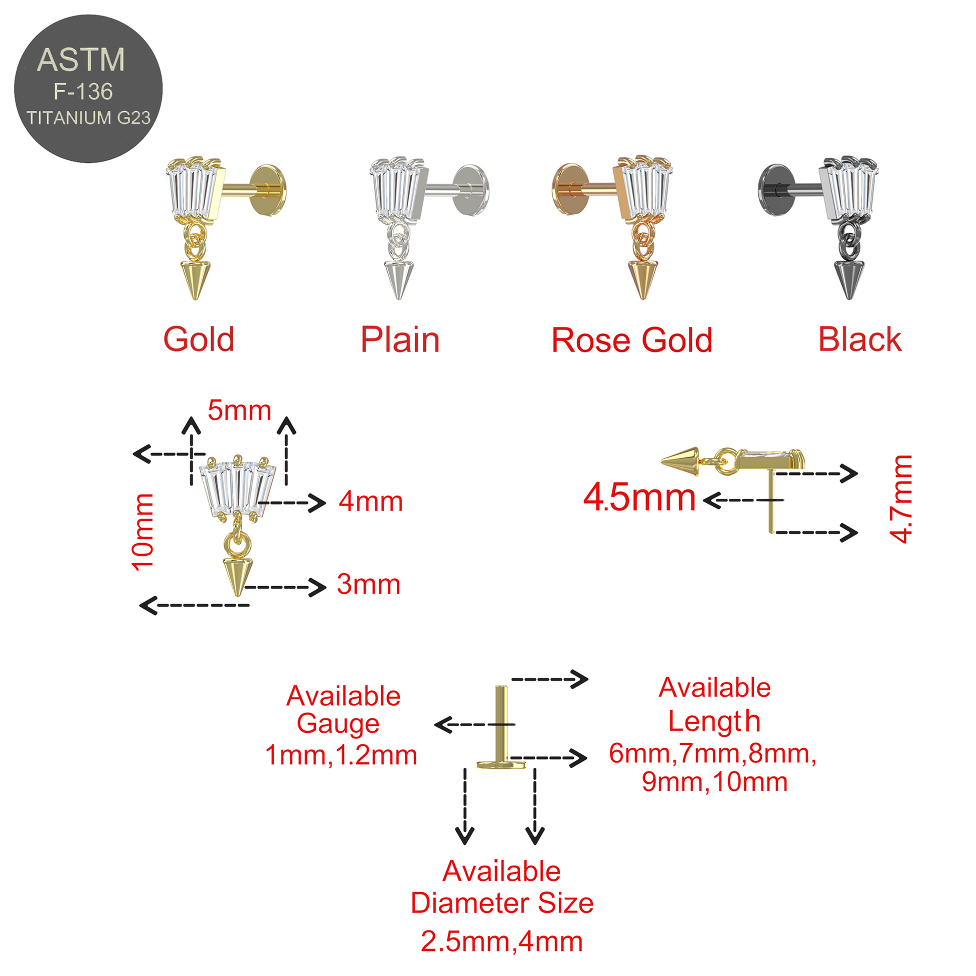 G23 Titanium Triple Baguette Jewelled Push-Fit Flatback Stud - Monster Piercing