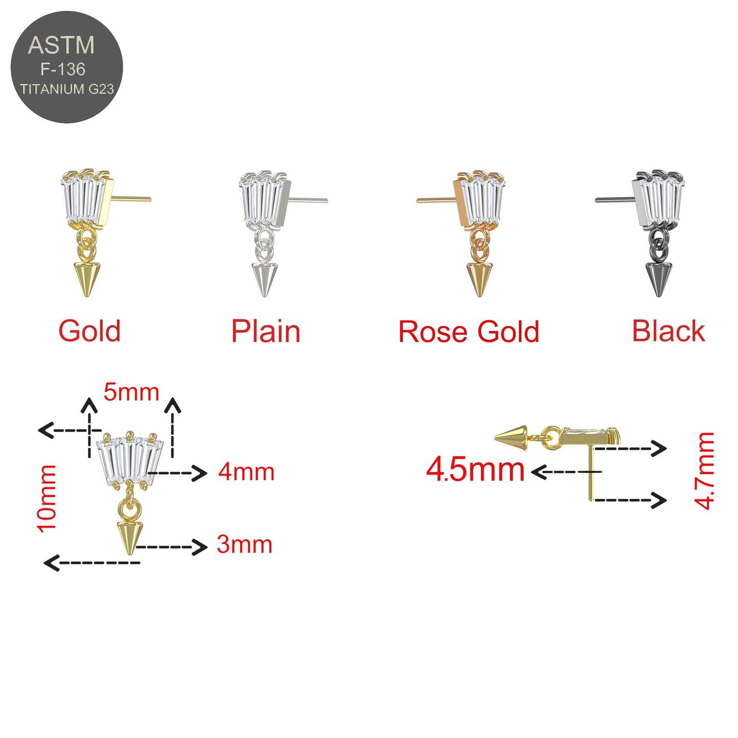 G23 Titanium Triple Jewelled Baguette Dangling Threadless Push-fit Top - Monster Piercing