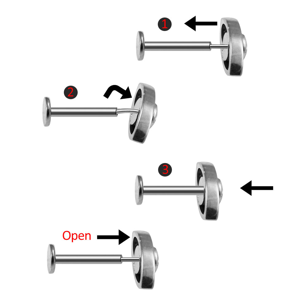 Step-by-step guide showing how to insert and remove the G23 Titanium CZ Jewelled Eye Threadless Push-fit Top for secure and easy fitting.
