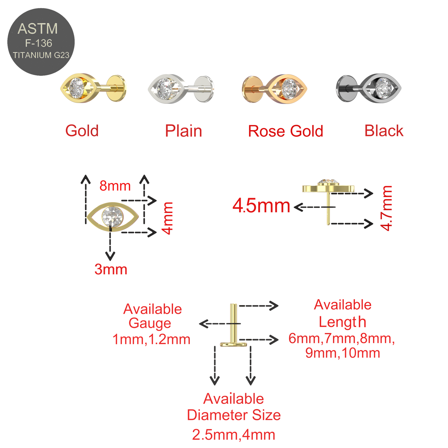 G23 Titanium CZ Jewelled Evil Eye Push-Fit Flatback Stud - Monster Piercing