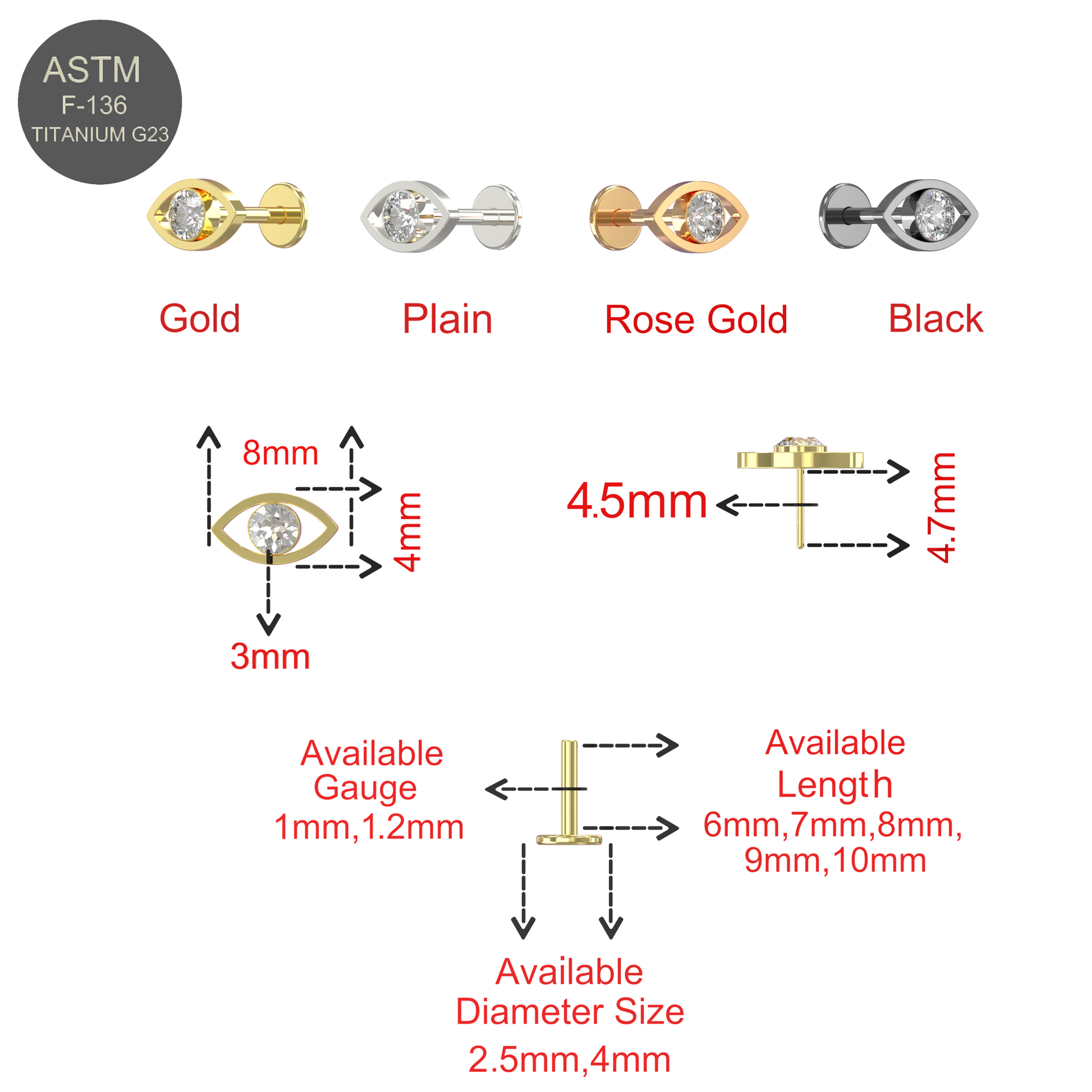 G23 Titanium CZ Jewelled Evil Eye Push-Fit Flatback Stud - Monster Piercing