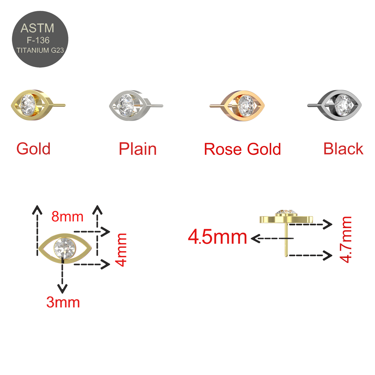 Color and size chart of G23 Titanium CZ Jewelled Eye Threadless Push-fit Top in gold, plain, rose gold, and black with detailed measurements.