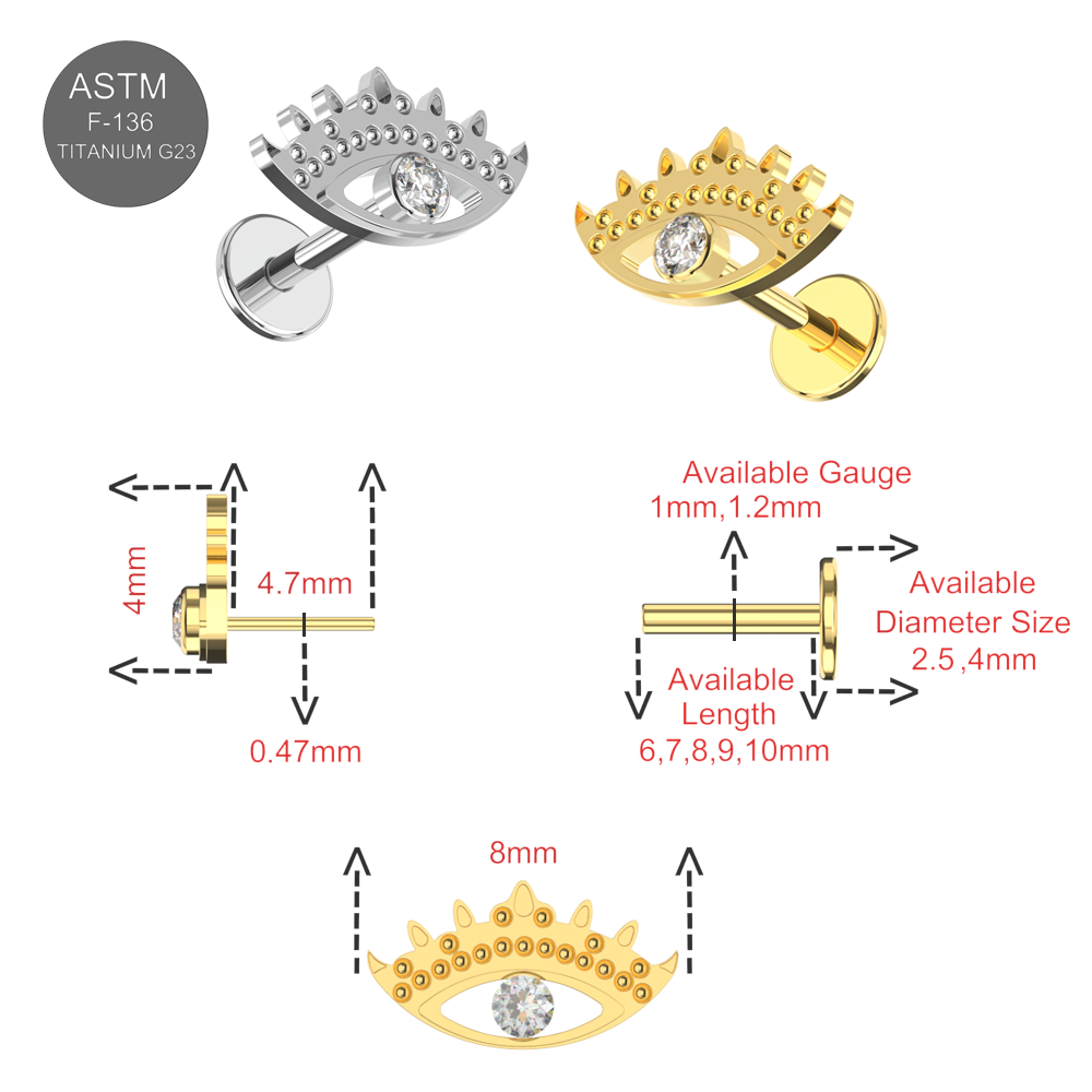 Titanium G23 evil eye tops in plain and gold with CZ stone, shown with size dimensions