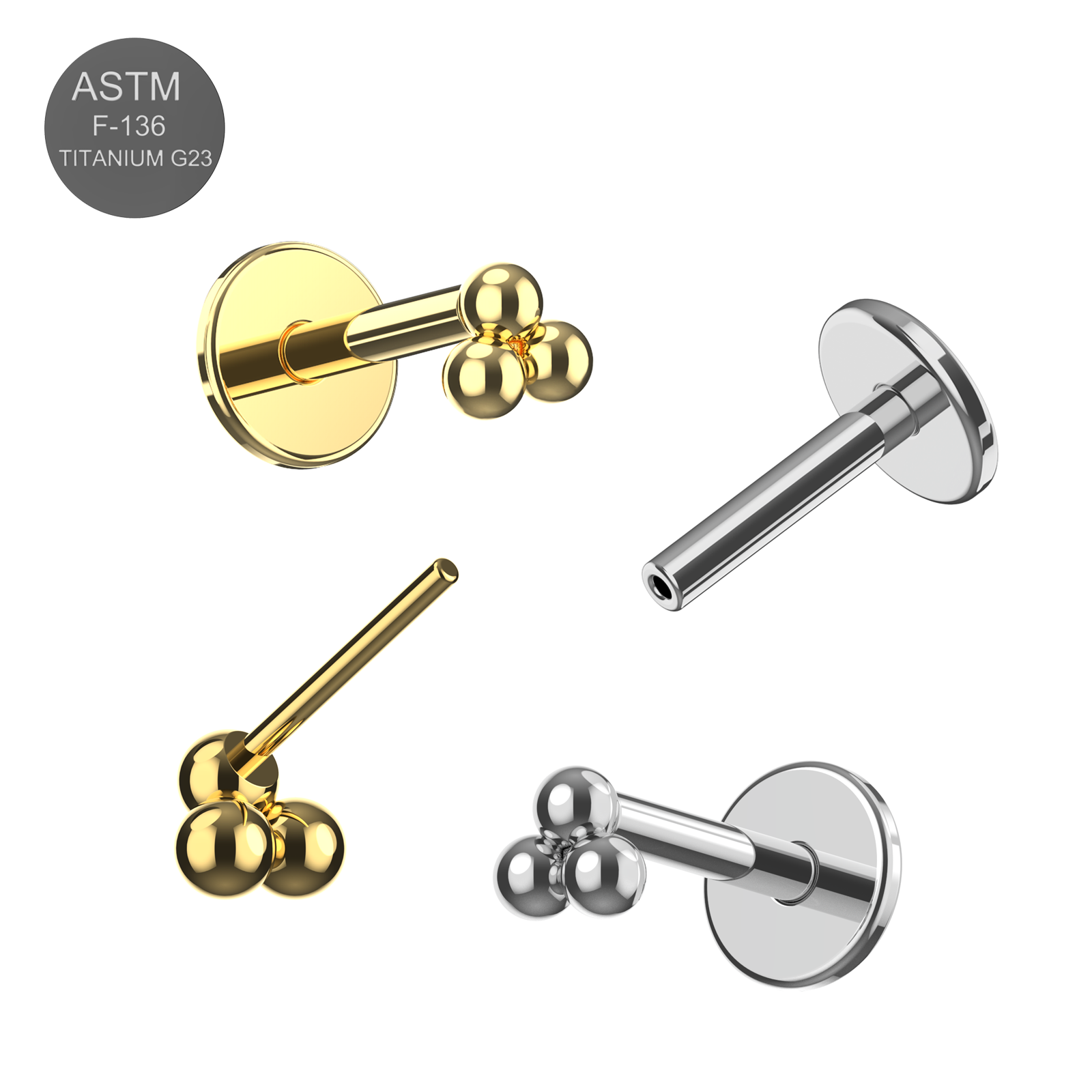 G23 Titanium Tri Ball Design Thread-less Push-Fit Flatback Stud - Monster Piercing