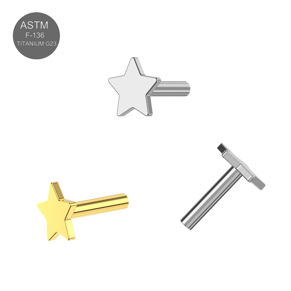 Set of G23 Titanium Push Fit Star Labret Bars in gold and silver, showcasing color options for stylish and safe lip piercings.