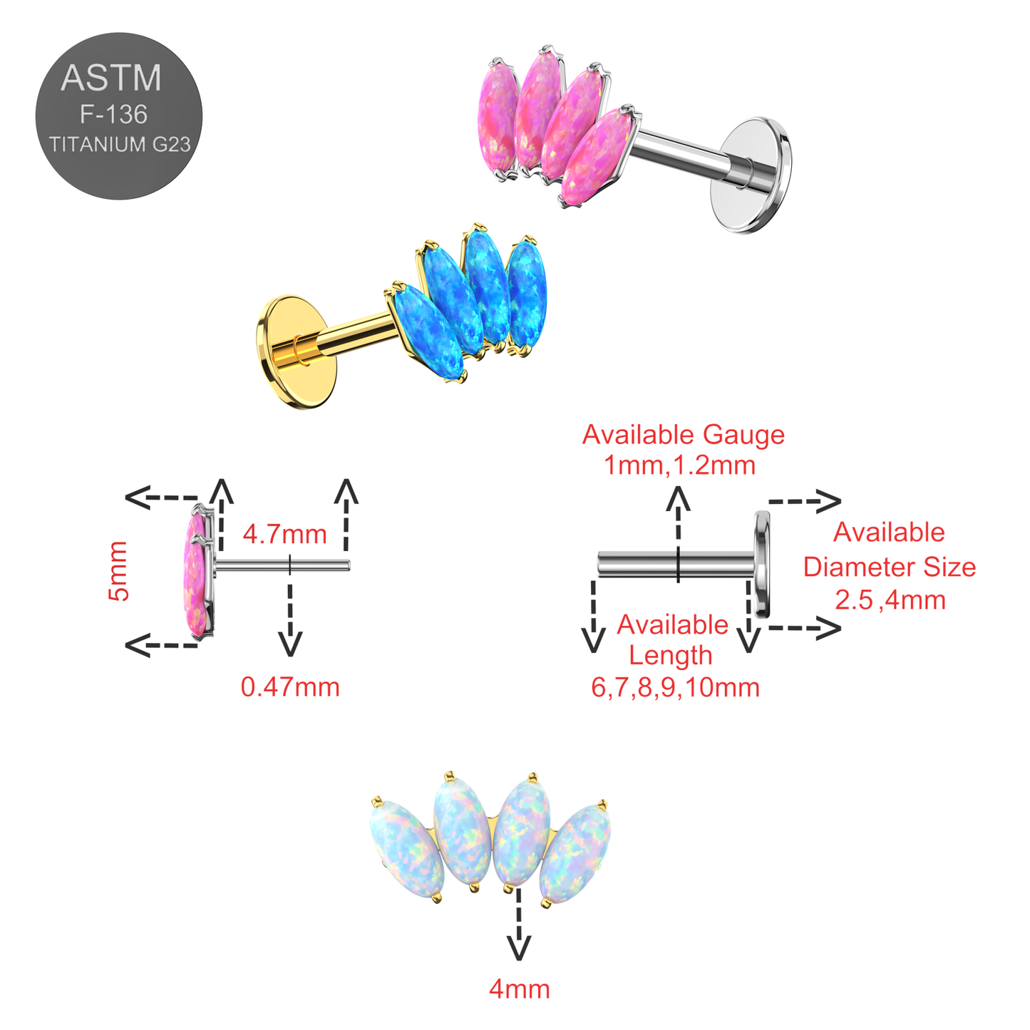Titanium G23 (Grade 23) Opal Marquise Jewelled Thread-less Push-Fit Top - Monster Piercing