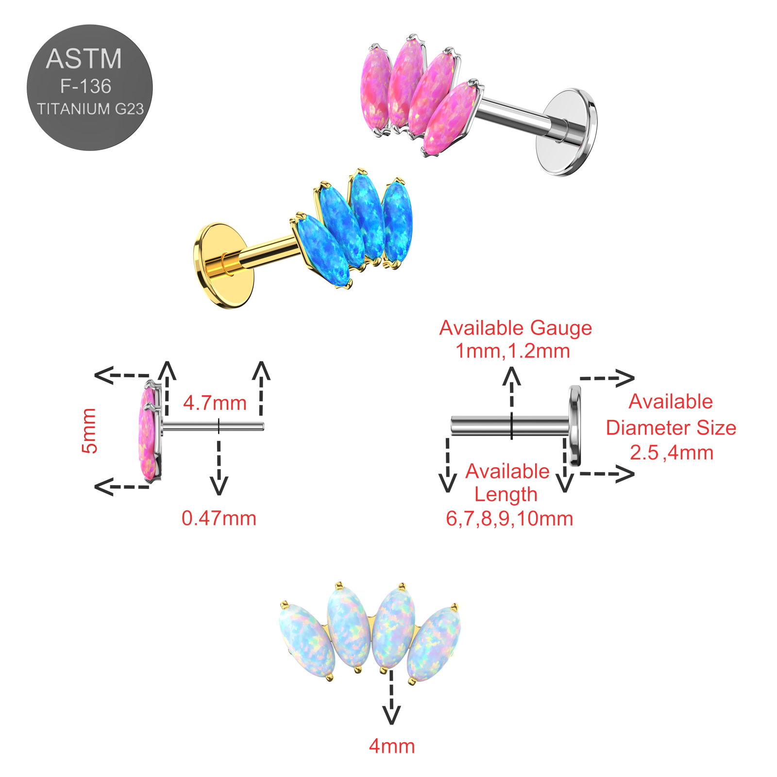 Titanium G23 (Grade 23) Opal Marquise Jewelled Thread-less Push-Fit Top - Monster Piercing