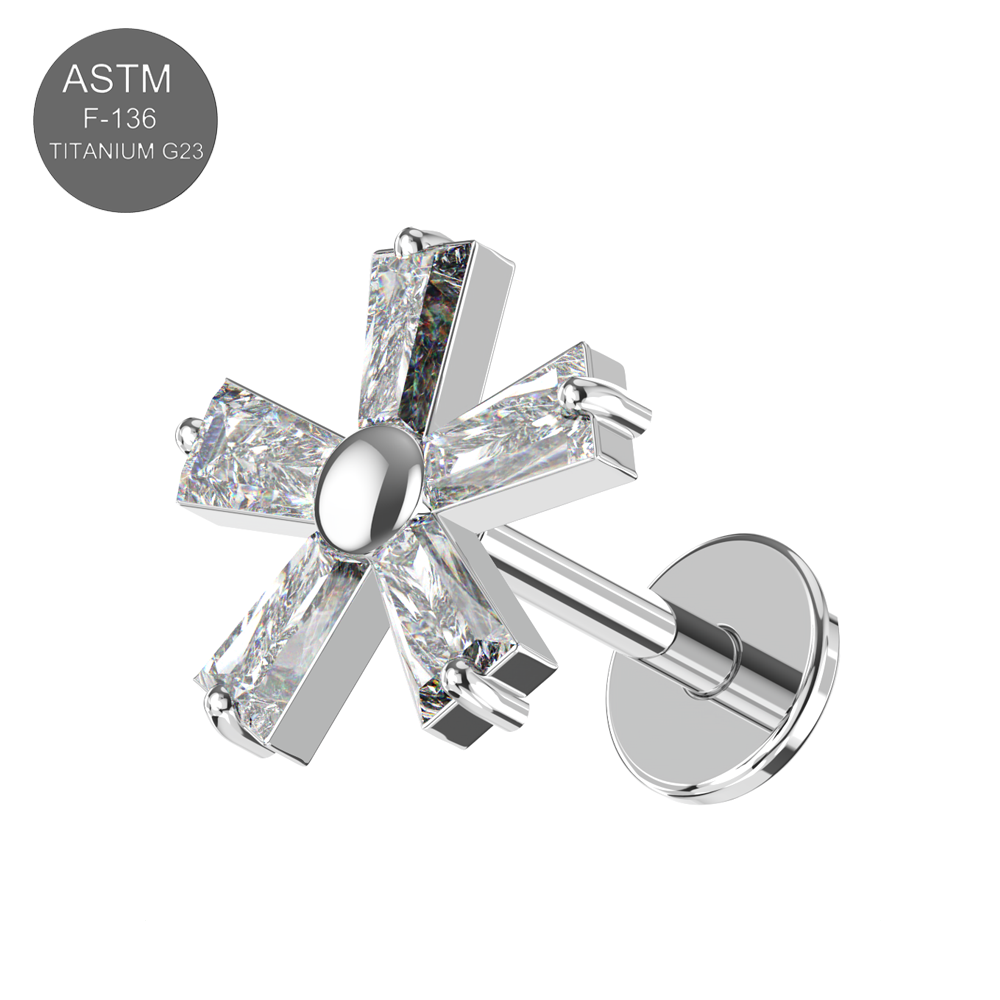 G23 Grade Titanium CZ Jewelled Five Petal Flowery In Tapered Baguette Design Thread-less Push-Fit With Flat-Back - Monster Piercing