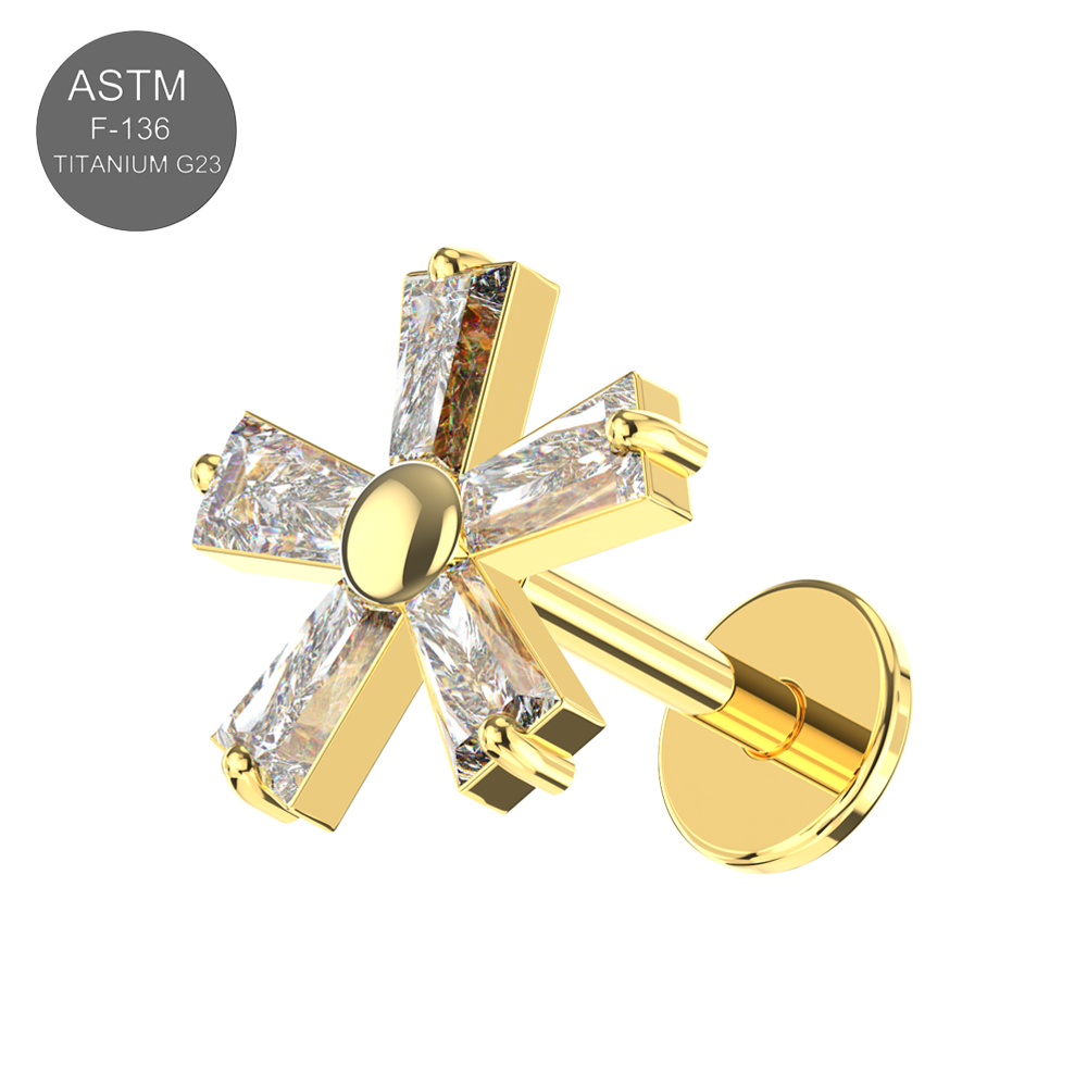 G23 Grade Titanium CZ Jewelled Five Petal Flowery In Tapered Baguette Design Thread-less Push-Fit With Flat-Back - Monster Piercing