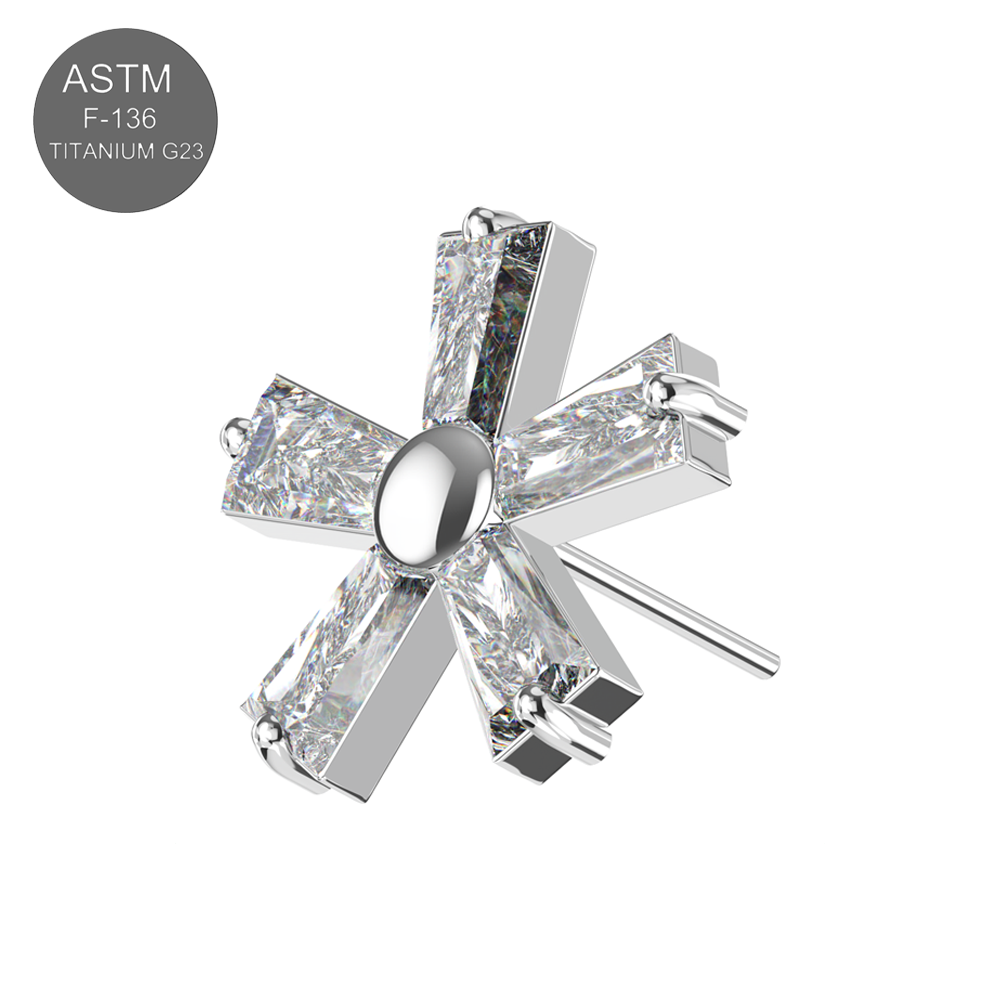 G23 Titanium CZ Jewelled Five Petal Flowery In Tapered Baguette Design Thread-less Push-Fit Top - Monster Piercing