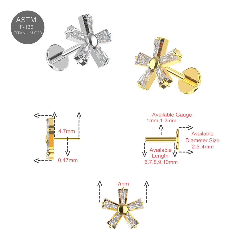 G23 Grade Titanium CZ Jewelled Five Petal Flowery In Tapered Baguette Design Thread-less Push-Fit With Flat-Back - Monster Piercing
