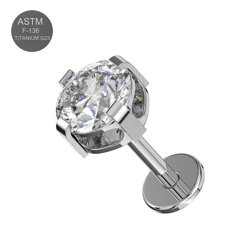 G23 Titanium Round CZ Jewelled Thread-less Push-Fit With Flatback Stud - Monster Piercing