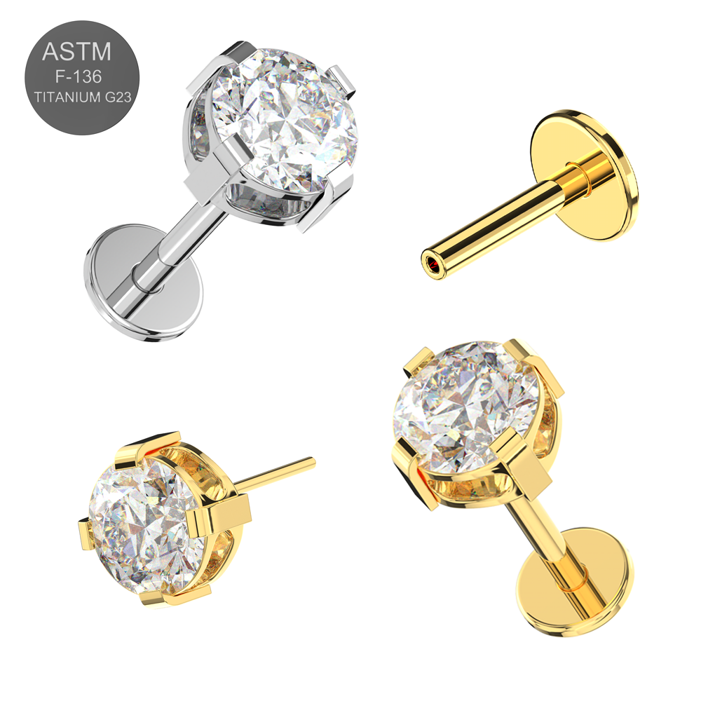 G23 Titanium Round CZ Jewelled Thread-less Push-Fit With Flatback Stud - Monster Piercing