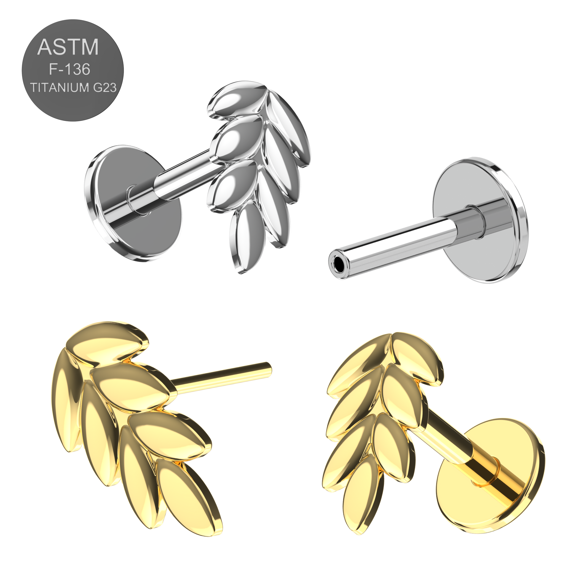 G23 Grade Titanium Wheat Sheaf Design Thread-less Push-Fit With Flat-back - Monster Piercing