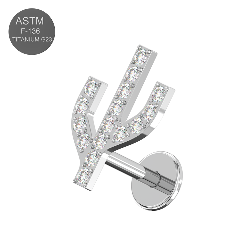G23 Titanium CZ Jewelled Cactus Design Thread-less Push-Fit With Flatback Stud - Monster Piercing