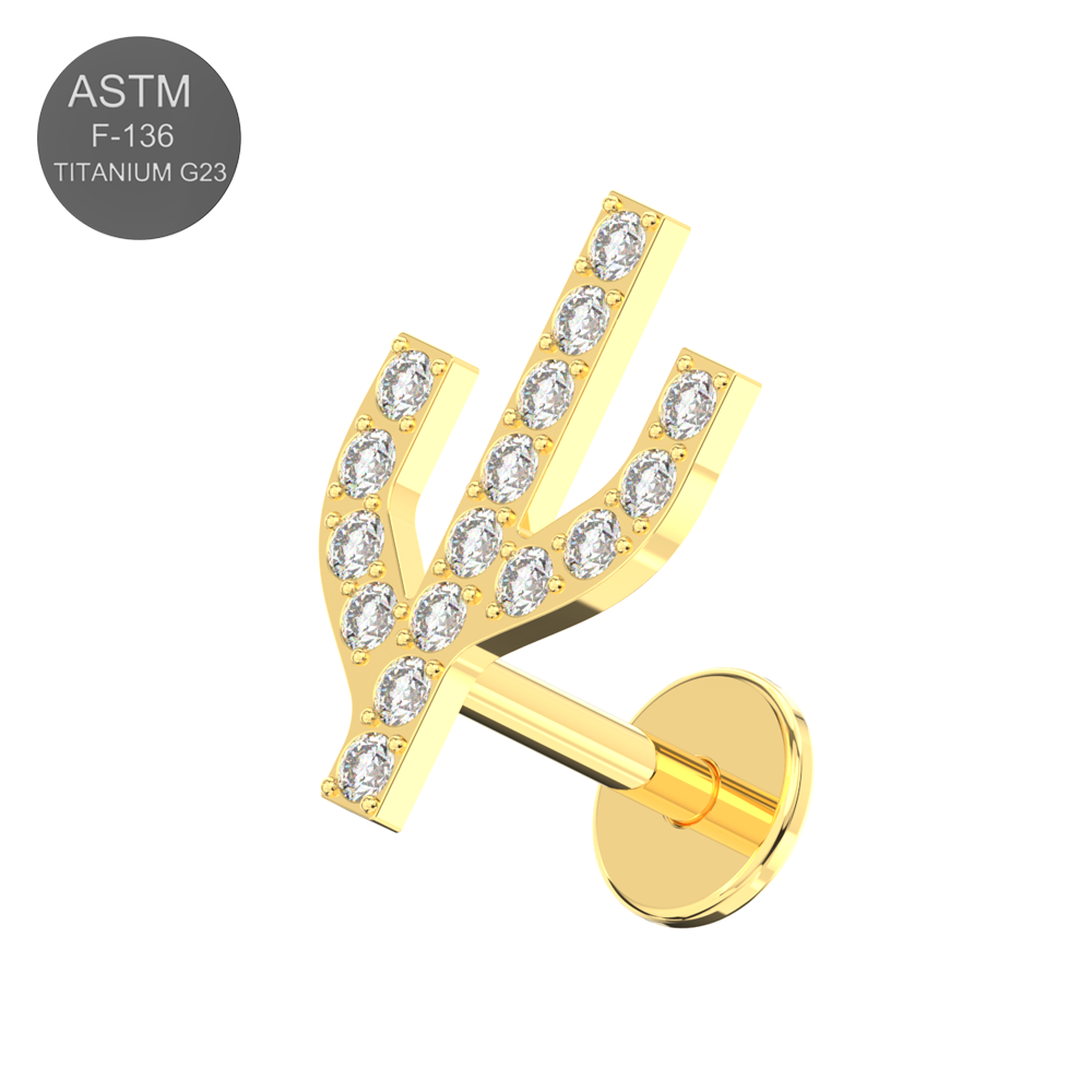 G23 Titanium CZ Jewelled Cactus Design Thread-less Push-Fit With Flatback Stud - Monster Piercing