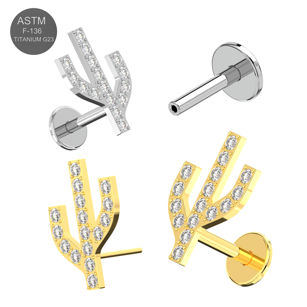 G23 Titanium CZ Jewelled Cactus Design Thread-less Push-Fit With Flatback Stud - Monster Piercing