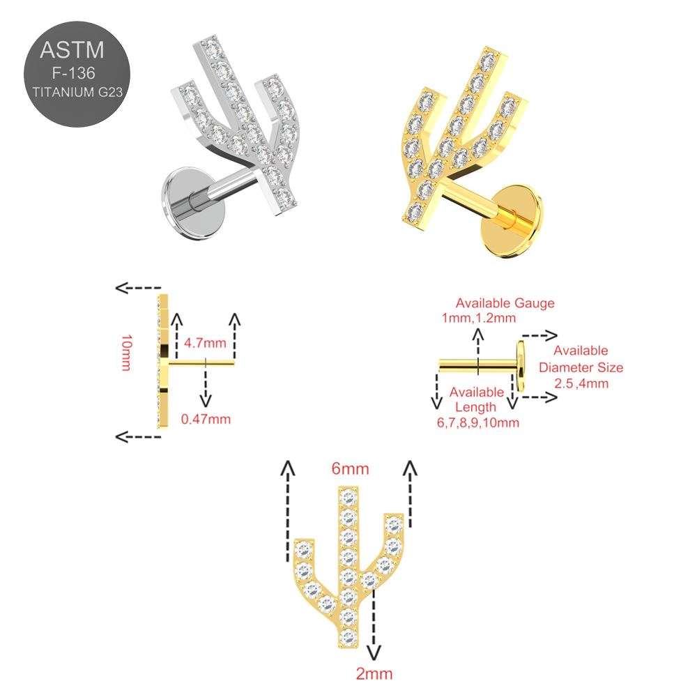 G23 Titanium CZ Jewelled Cactus Design Thread-less Push-Fit With Flatback Stud - Monster Piercing