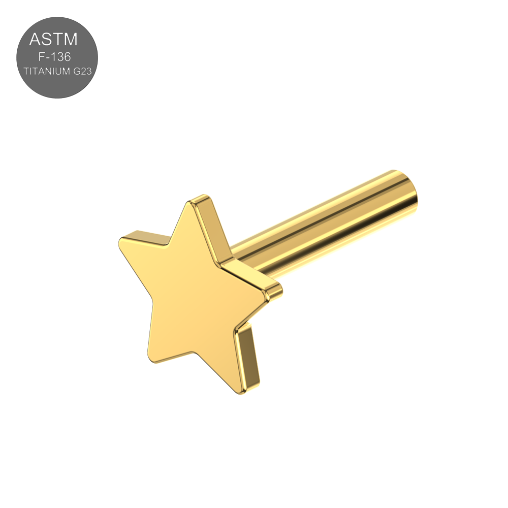 G23 Titanium Push Fit Star Labret Bar in polished gold finish, ideal for lip piercings with hypoallergenic and durable material.