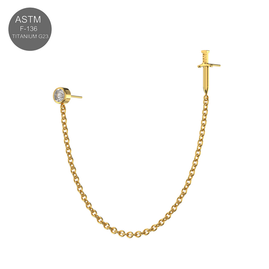 G23 Titanium CZ Round and Dagger Double Stud with Chain Fancy Design Thread-less Push-Fit Top - Monster Piercing