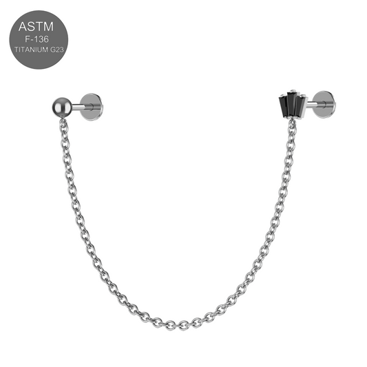 G23 Titanium CZ Round and Crown Double Stud with Chain Fancy Design Thread-less Push-Fit With Flatback Stud - Monster Piercing