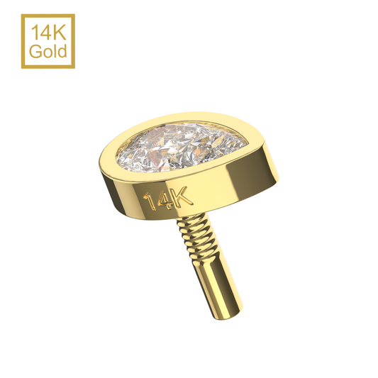14K Gold Internal Thread Bezel Set Teardrop CZ Top - Monster Piercing