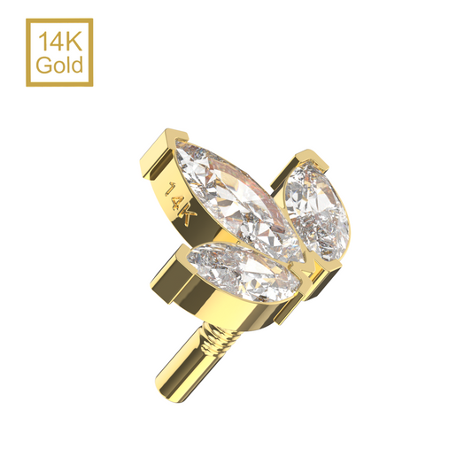14K Gold Internal Thread Marquise CZ Crown Top with three marquise-cut cubic zirconia stones in a crown shape, ideal for luxury piercings.