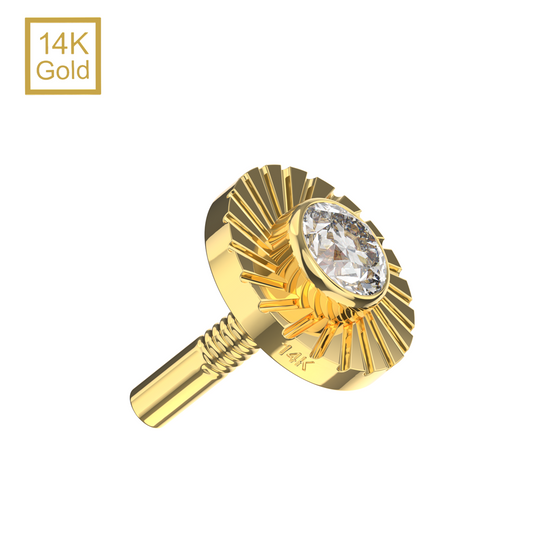 14K Gold Internal Thread CZ Jeweled Laser Cut Button Top - Monster Piercing