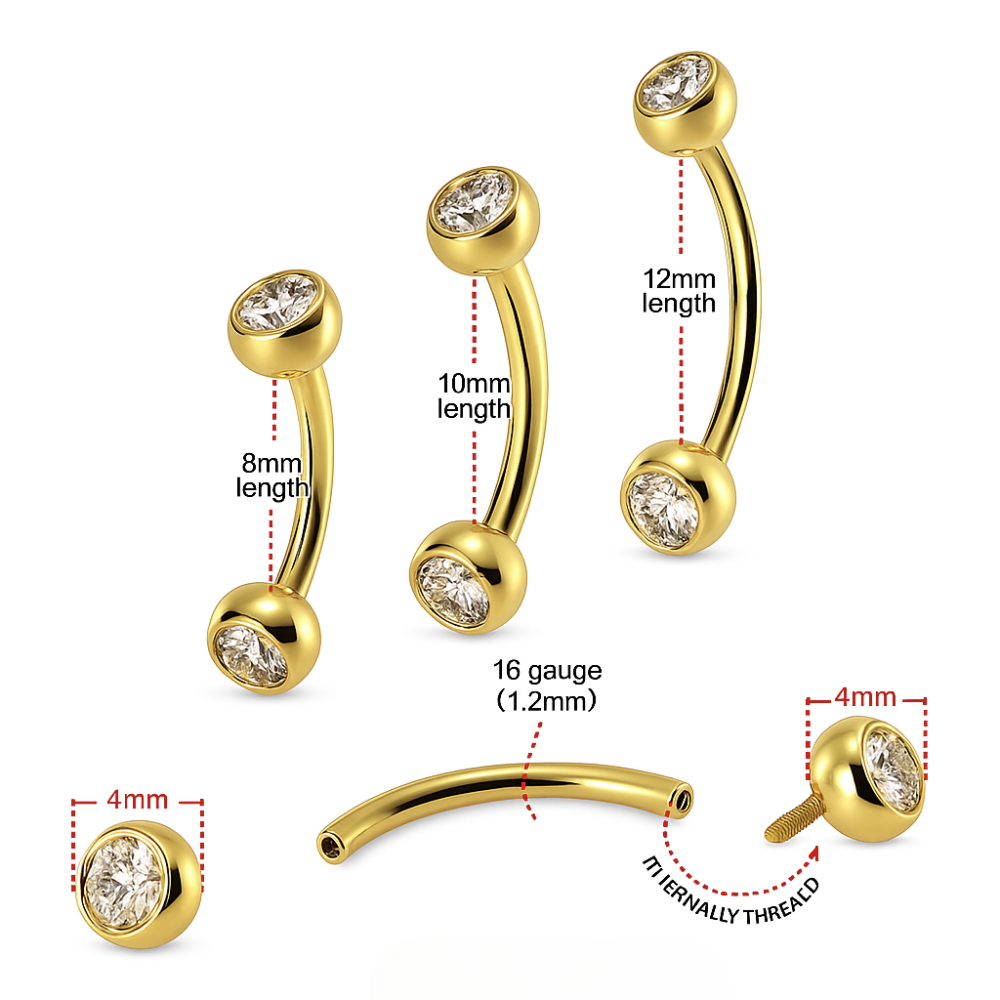 14K Gold Internally Threaded Eyebrow Piercing Bar with CZ Jewelled Top