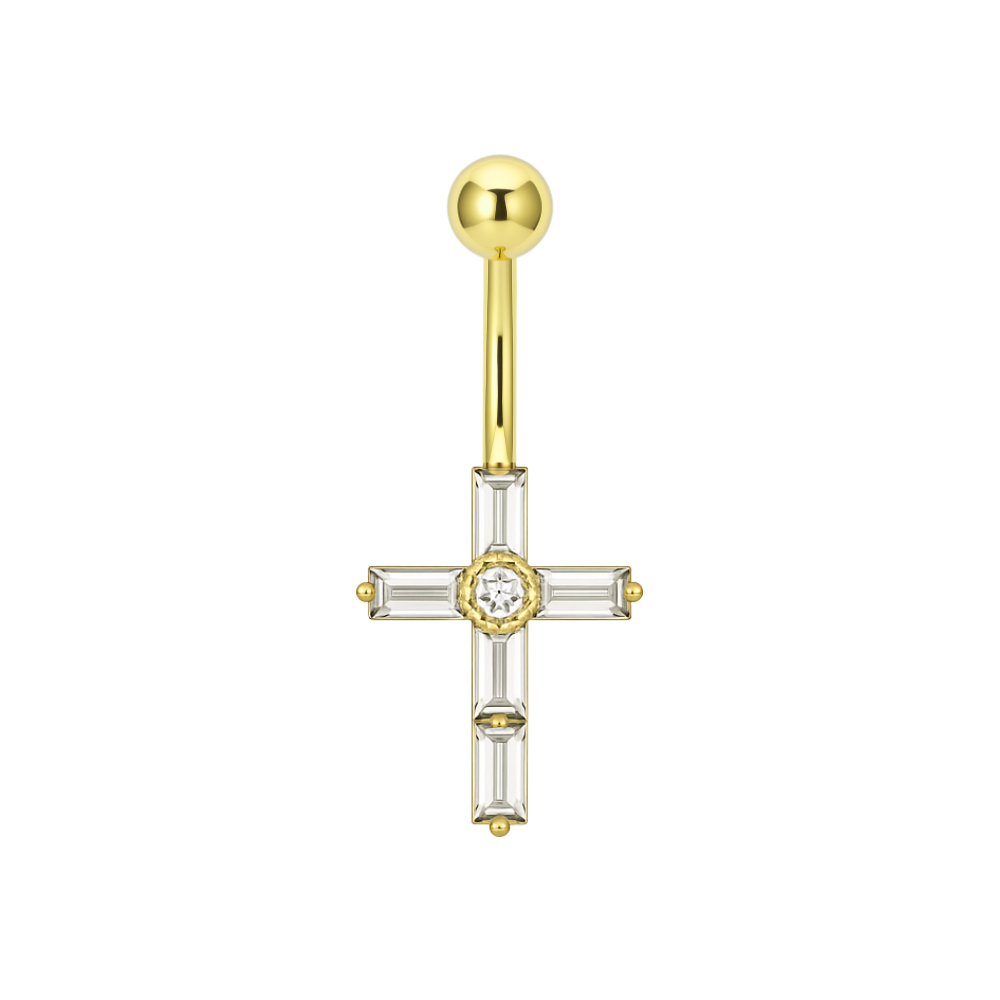 14K Gold Dangling Gemstone Cross Belly Ring - Monster Piercing