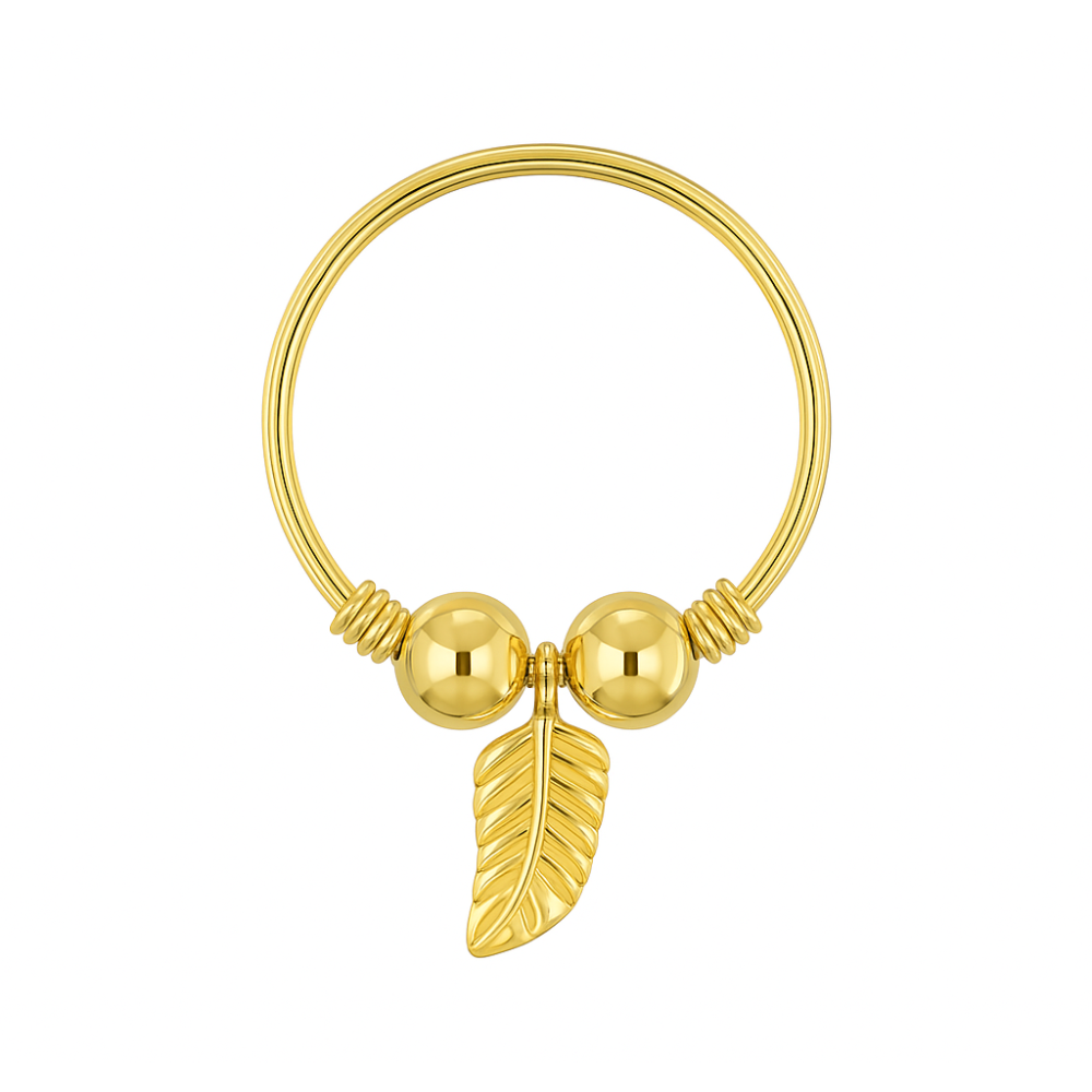 14K Gold Bead & Leaf Charm Nose Hoop Ring - Monster Piercing