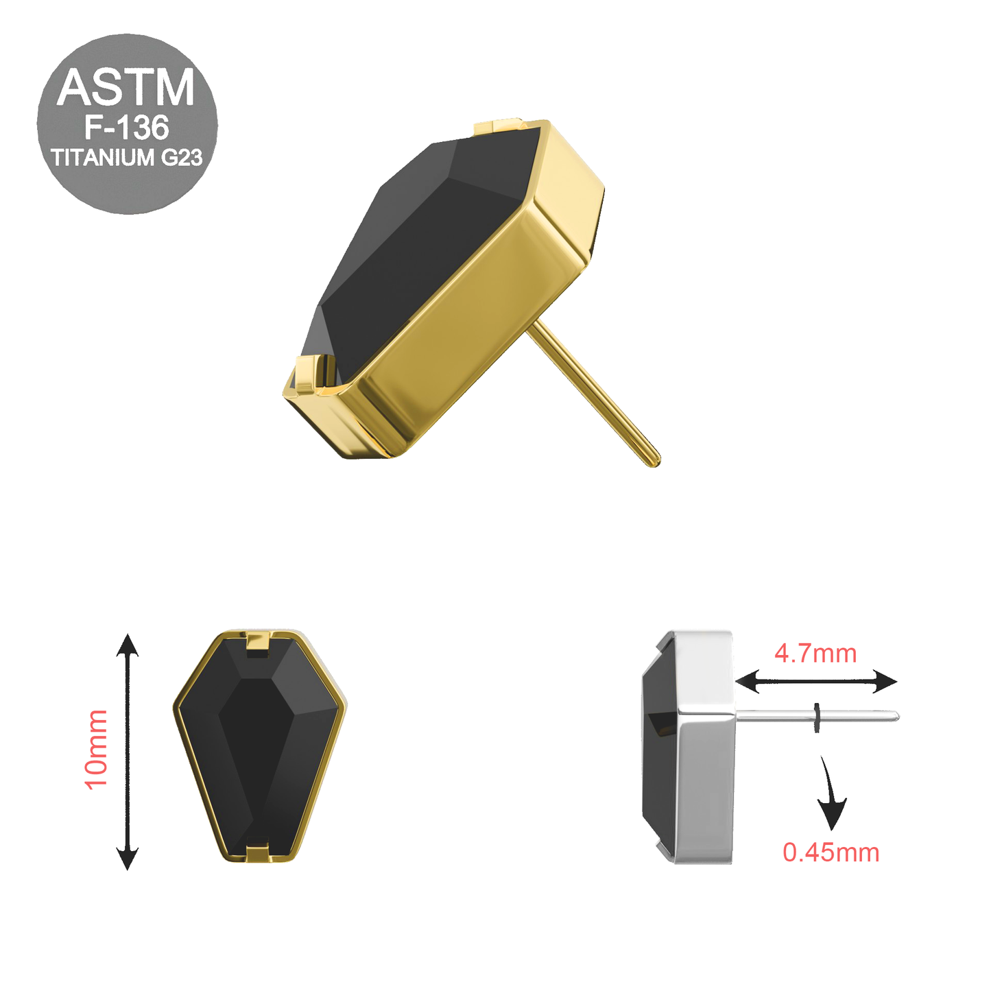 CZ Jewelled Coffin Threadless Top in premium G23 titanium with gold finish, featuring a 10mm black gemstone and 0.45mm push-fit post.