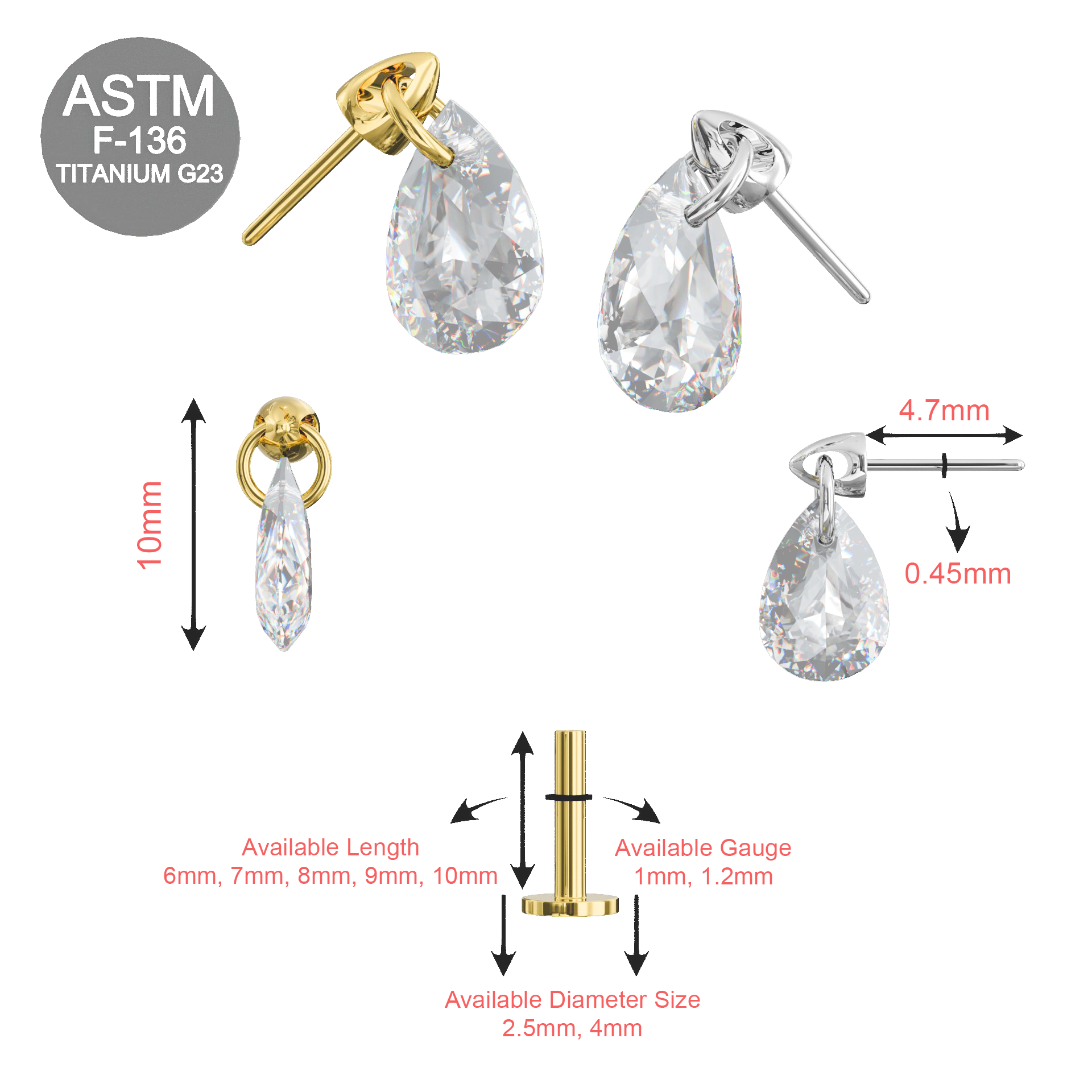 G23 Titanium CZ Droplet Stud size chart showing gold and silver options, dimensions, and threadless push-fit flatback specifications.