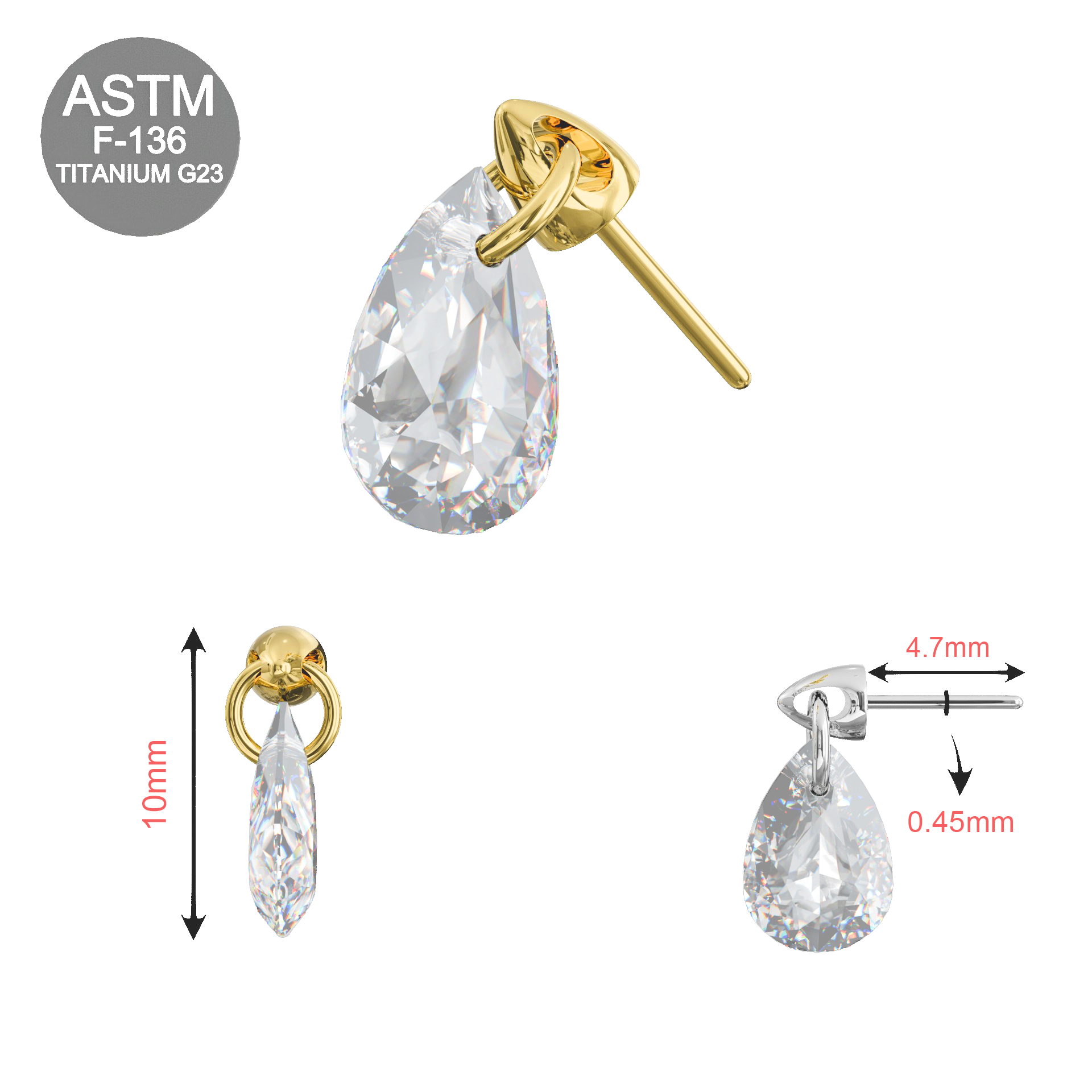 CZ Droplet Threadless Top – G23 Titanium in gold and silver with size specs. ASTM F-136 certified, perfect for safe and stylish body jewelry.