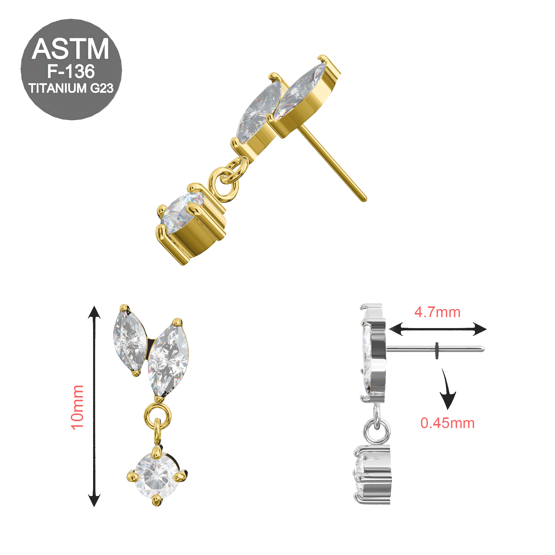 G23 Titanium Marquise CZ Leaf Drop Threadless Top dimensions and details