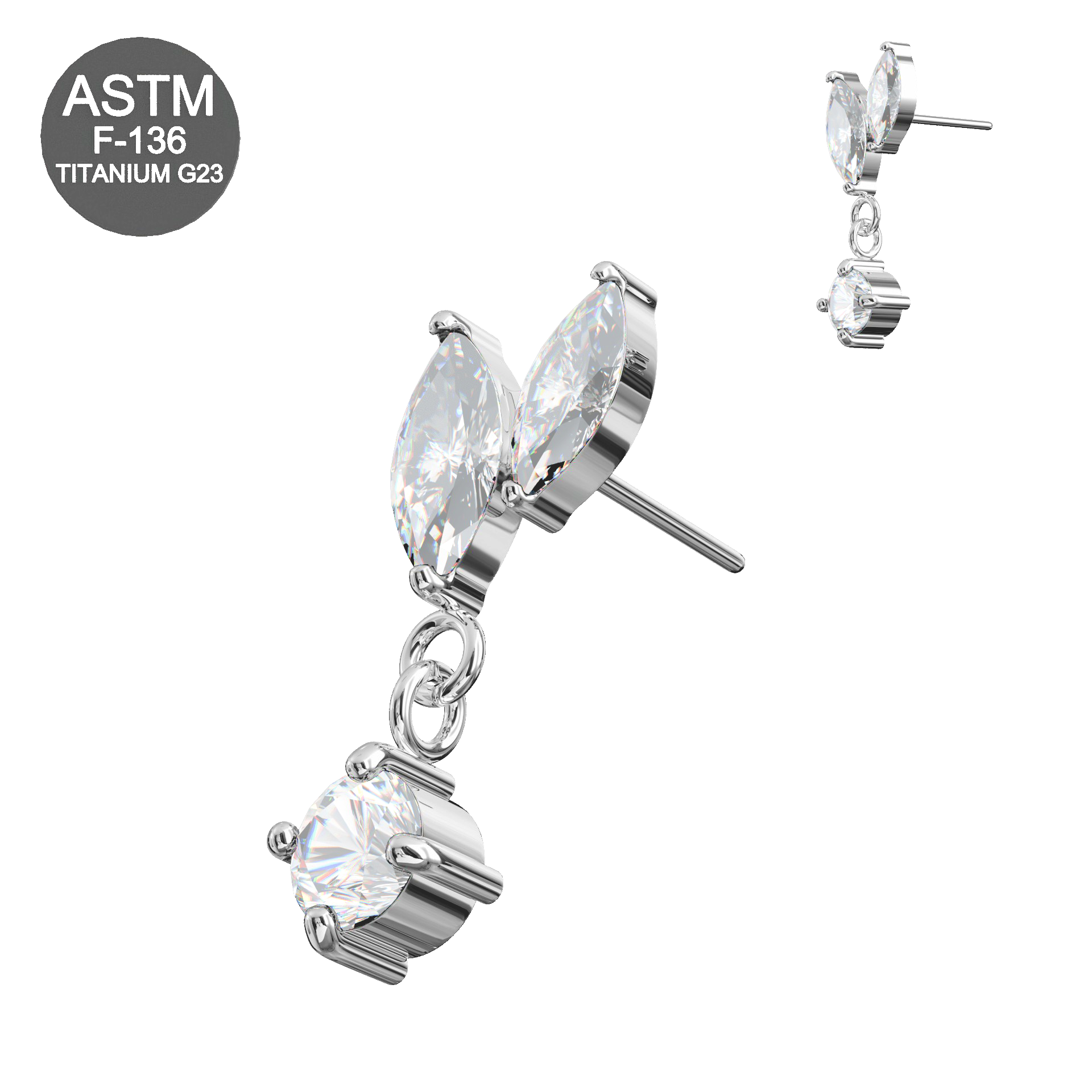 G23 Titanium Marquise CZ Leaf Drop Threadless Top in silver