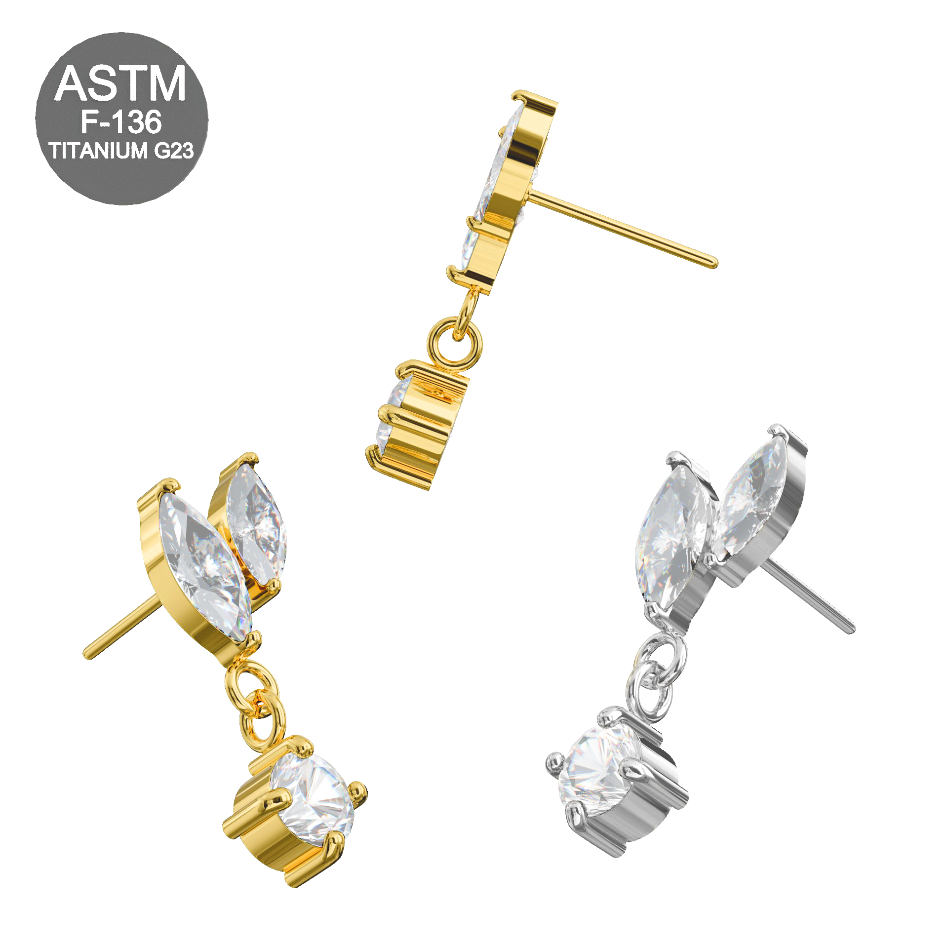 G23 Titanium Marquise CZ Leaf Drop Threadless Top in gold and silver